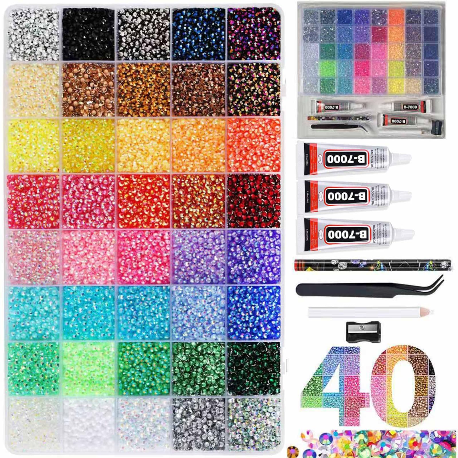 SEVENPARK 40 Colours Bedazzling Kit with Glue 3mm Resin Rhinestones DIY