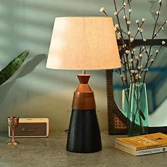 Brick Brown Premium Wooden Walnight Lamp with Shade & Bulb | Lamps for Home Decoration | Bedside Lamp | Night Lamp for Living Room | Lamps for Study Room | Night Lamp for Bedroom Side Table