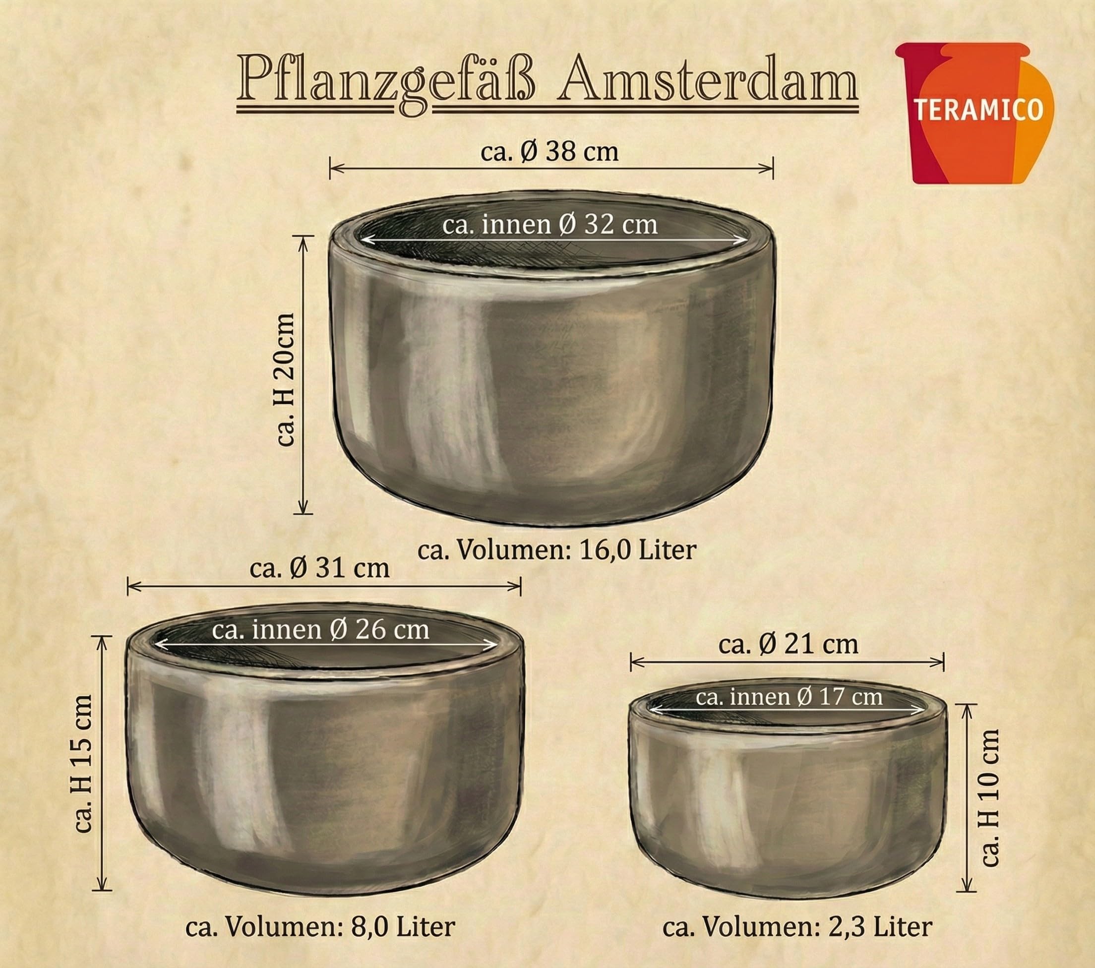 Teramico Pot de fleurs en grès résistant au gel - Fait à la main - Pot de fleurs rond résistant à l'hiver - Avec trou - Résistant aux intempéries, massif et robuste (anthracite, 38 cm x 20 cm)