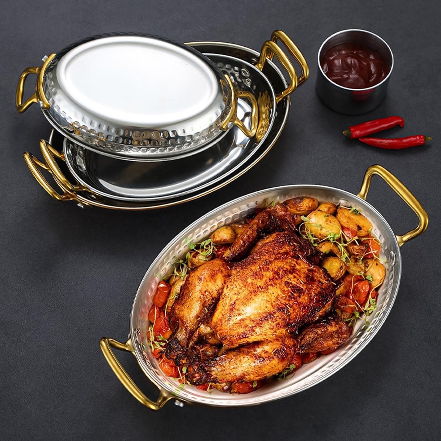 RSBFER Oval Spanish Paella Pan Skillet, 304 Stainless Steel Nonstick Seafood Paella Pot with Dual Handle, for Homes Restaurants,Rose Gold,24cm