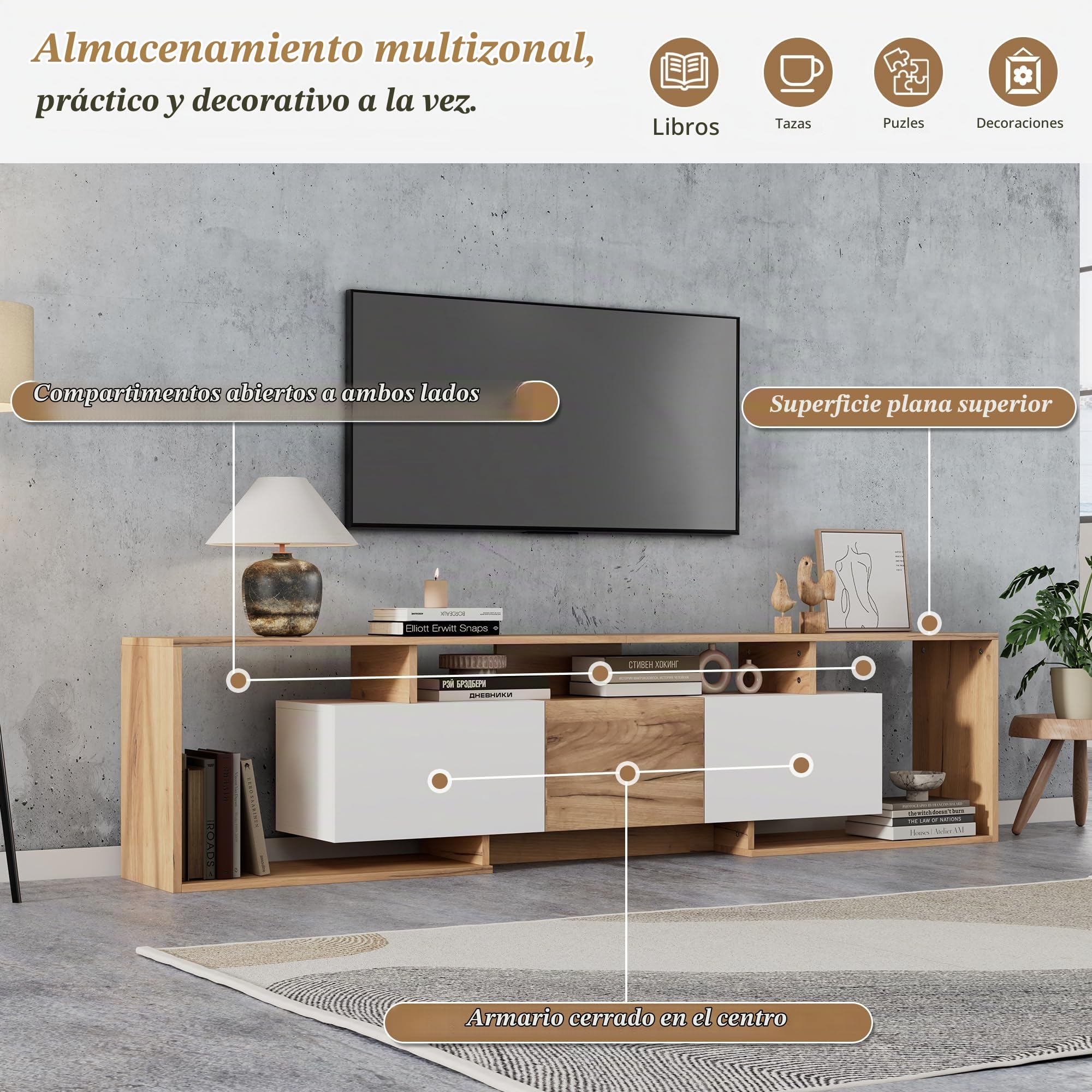Mueble de TV bajo con espacio de almacenamiento, 180 cm, color