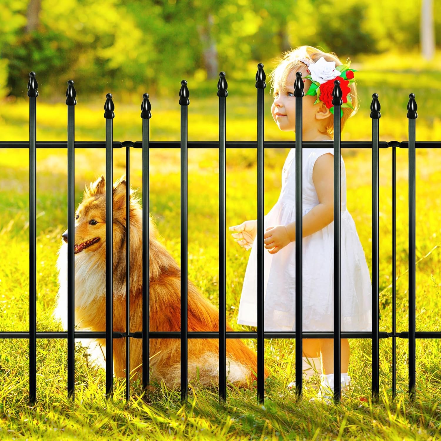 Thealyn 4-Panel + 1 Gate Metal Garden Fence, 91cm H x 71cm W Rustproof Iron Animal Barrier for Dog Proof Outdoor Landscape Border Fencing, Modern Design & Easy Installation
