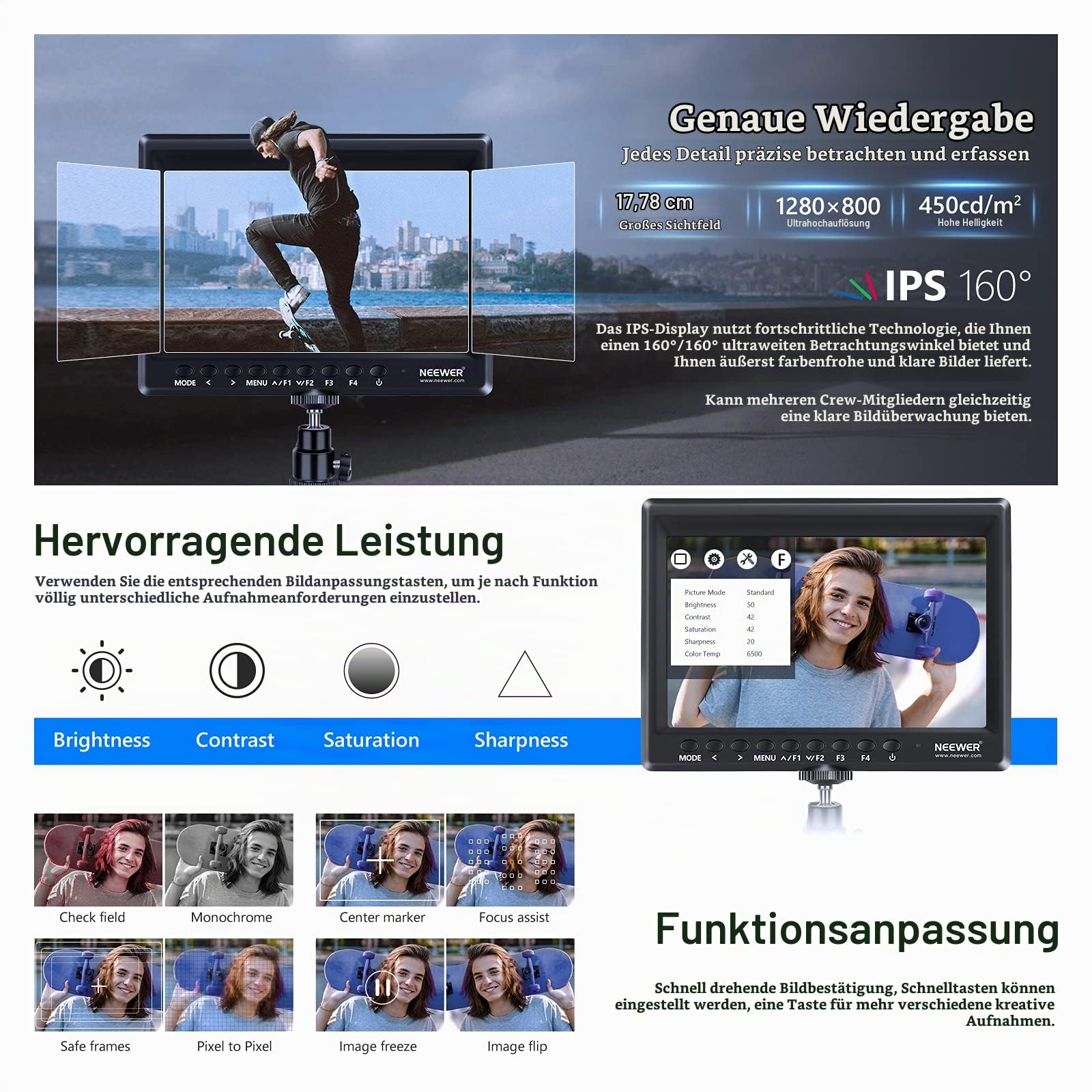 NEEWER Feldmonitor 7-Zoll 1280x800 IPS Bildschirm Set: Unterstützt Eingang mit 2600mAh Lithium-Ionen-Akku, USB-Ladegerät für DSLR-Kamera/Camcorder