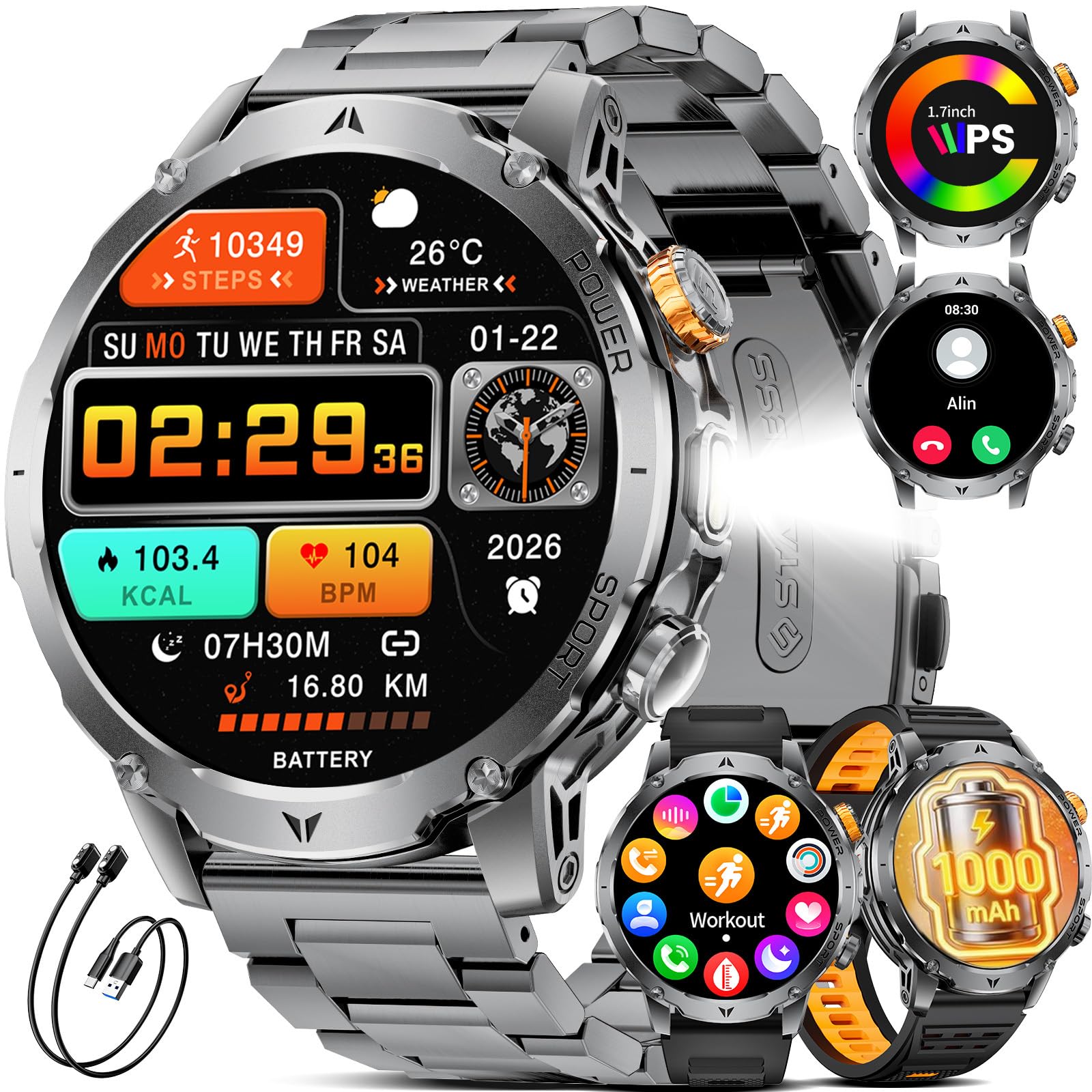 LIGE 1000mAh Montre Connectée Homme, 1,7" Smartwatch Militaire avec 110+ Modes Sportifs, IP68 Étanche, Appel Bluetooth, 24H Fréquence Cardiaque, Podomètre Android iOS,3 Bracelets,2 Chargeurs,EF24-A