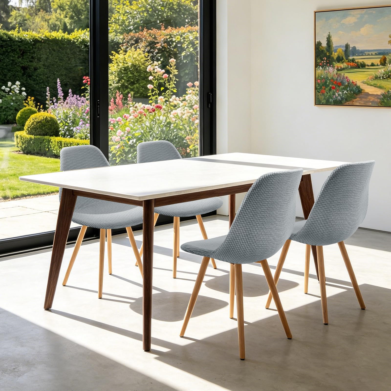 Fuloon Modern Shell Dining Chair Covers Jacquard Elastic, Corn Grain - Light Gray, Set of 4 - Image 3