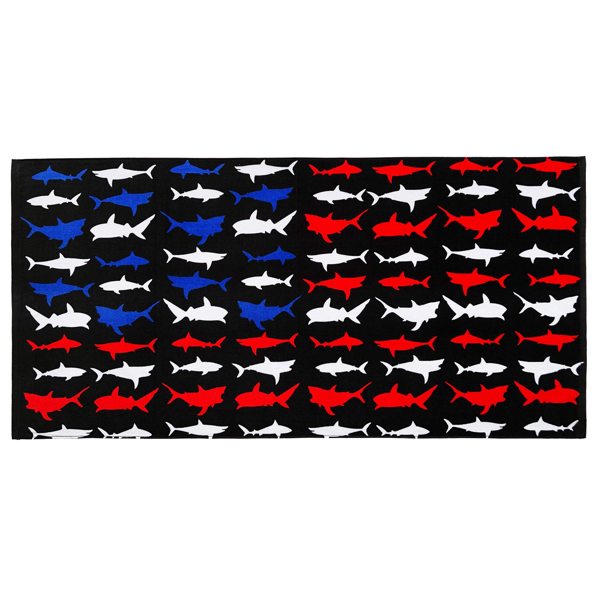 Sharks American Flag Beach Towel 30 X 60 Inches, 100% Cotton, Velour Front & Terry Back, Quick-Dry For Pool, Beach, Travel