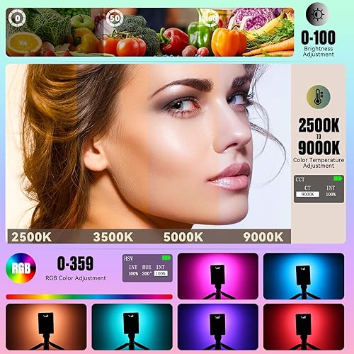 Miniatura 2 de Luz para selfie, luz de video RGB con 78 LED, panel de luz de cámara portátil 0-360 a todo color, 2500-9000K CRI 95+ LED DSLR Iluminación para