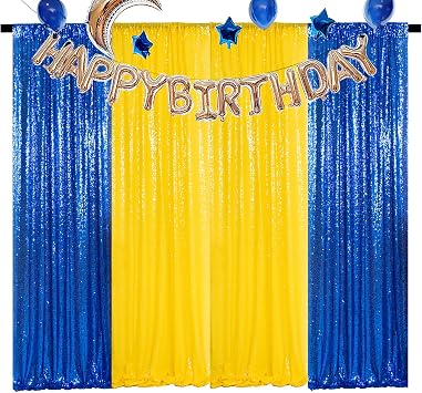 DUOBAO 4 Pcs Yellow Blue Sequin Backdrop 2x8FT Glitter Photo Backdrop Party | 3mm Round Sequin, Polyester Netting, Shimmer Wall Backdrop for Wedding, Birthday, Bachelorette, Photo Booth