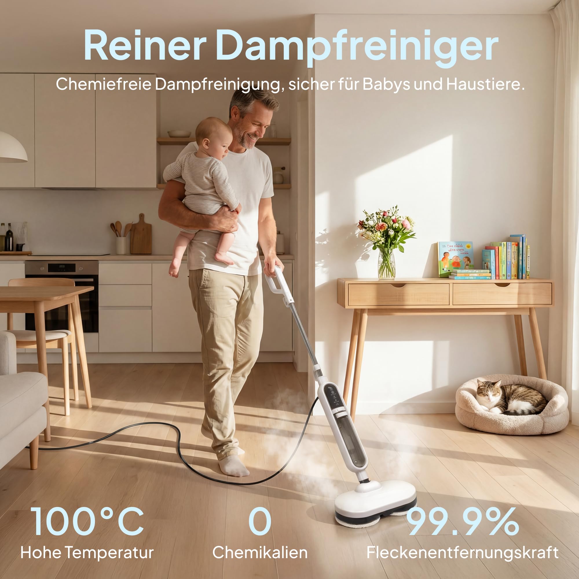 Livatro Dampfreiniger für Hartböden mit rotierendem Wischkopf | 1300 W, Dampf in ca. 30 s, 500-ml-Tank, 15 Zubehörteile, 5-m-Kabel und 4 waschbare Pads