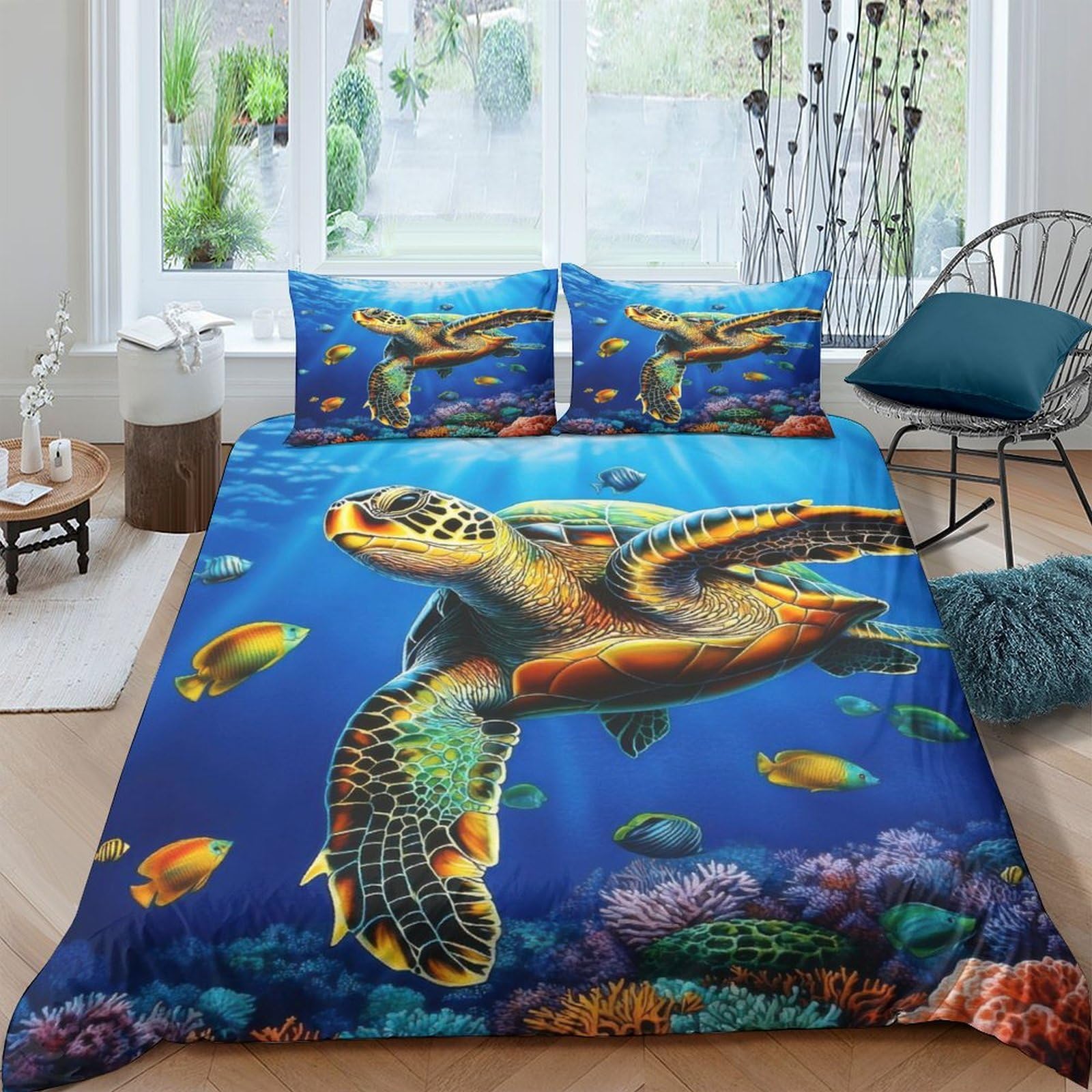 GPLZQXKJNH 3D Printed Sea Turtle Duvet Cover Microfiber Soft Ocean Coral Reef Bedding Set with 2 Pillowcases for Bedroom Decor Single（135x200cm）