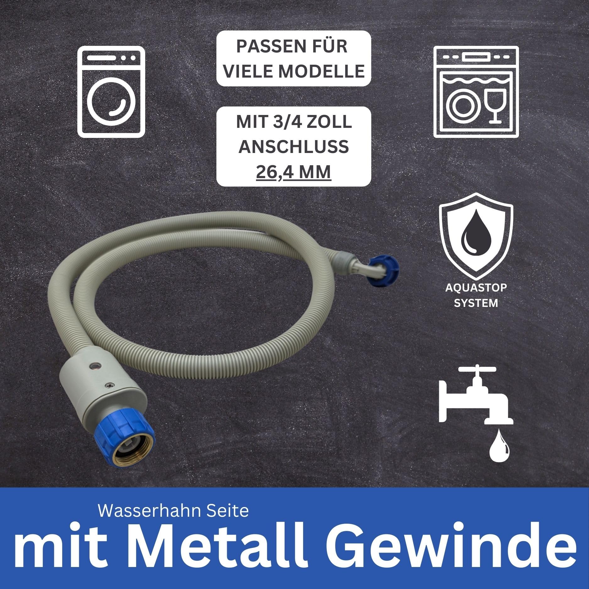 LICHTBLAU Aquastop Schlauch 1,5 m Waschmaschine & Spülmaschine | 3/4 Zoll Zulaufschlauch mit Metallgewinde, mechanischer Wasserstopp, VDE geprüft, bis 25 °C, Winkelanschluss