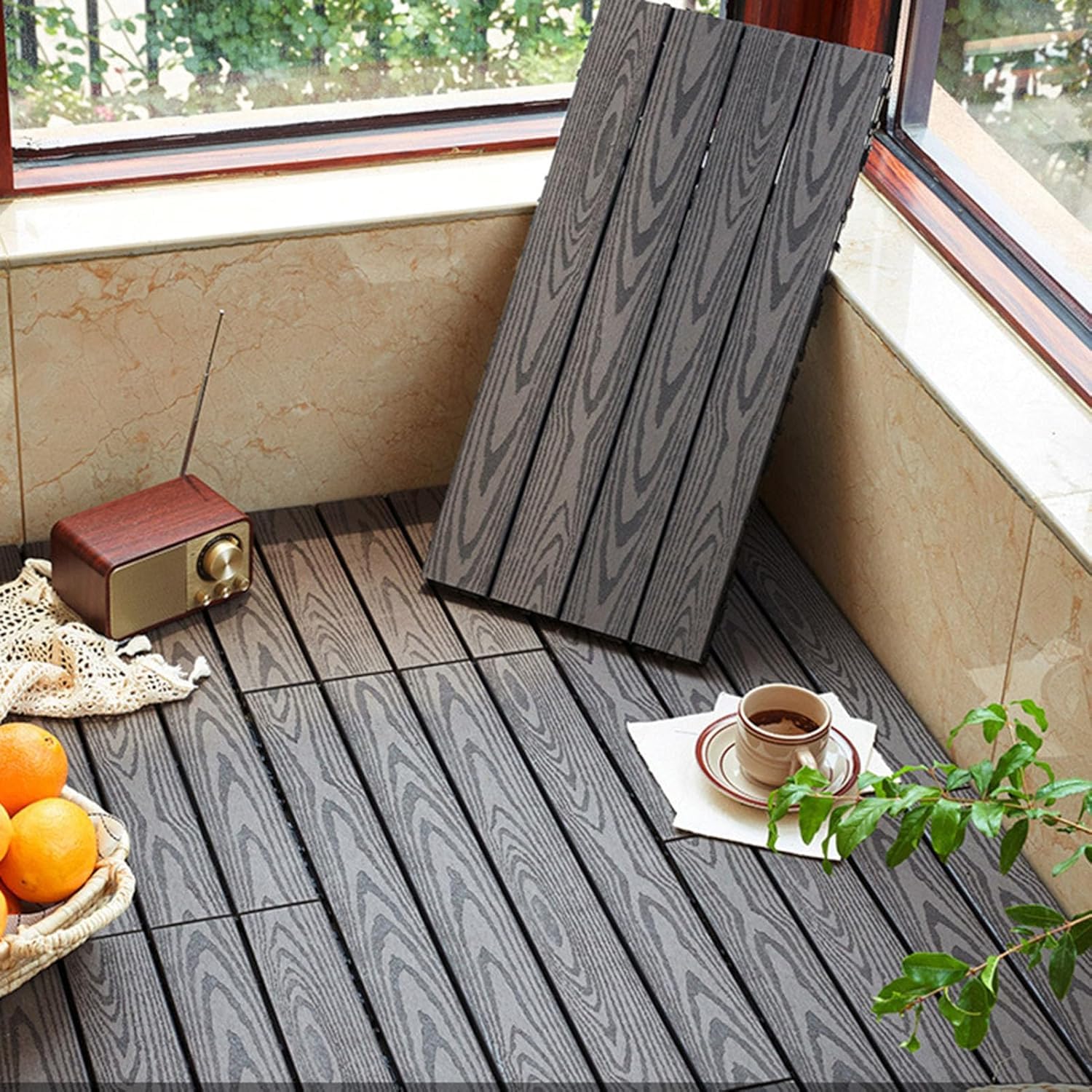 Dalles et lames de terrasse en composite, Tuiles de terrasse en bois composite, drainage emboîtable for l'extérieur, multicolore 12x12 pouces, 4 à 6 pièces(Grey,6pcs)
