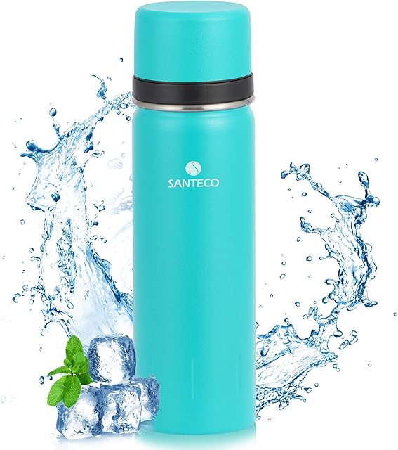 SANTECO Vacuum Flask 1L, Stainless Steel Insulated Water Bottle with Double Walled Travel Metal Coffee Flask for 12hrs Hot/24hrs Cold Drinks - Leakproof Lid Serves As A Cup 1000ml