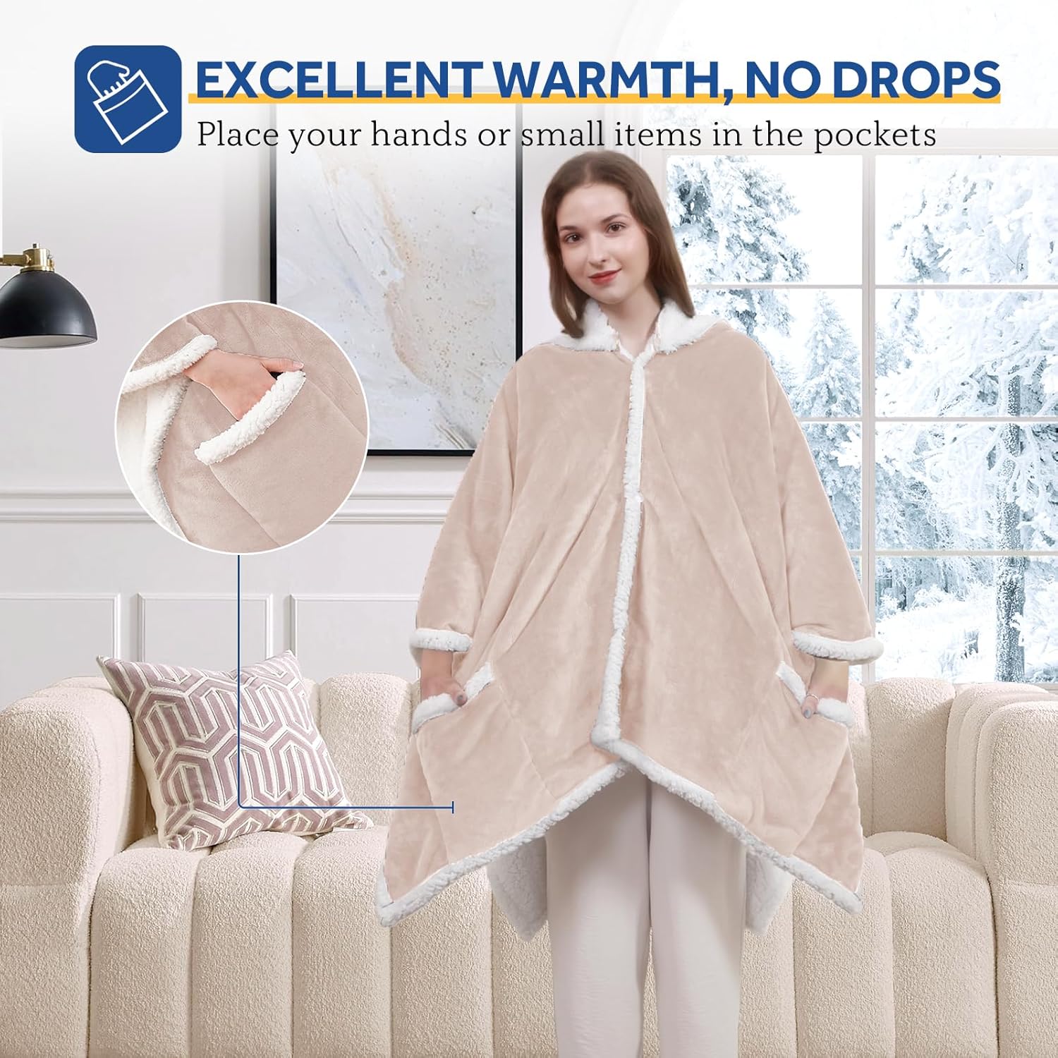 Sealy Heated Throw Wearable Shawl Wrap with Pockets, Reversible Flannel to Sherpa Electric Blanket Hoodie Poncho with 6 Heating Levels & 2-10 Hours Time Settings, 50 X 60 Inch, Beige - Image 4