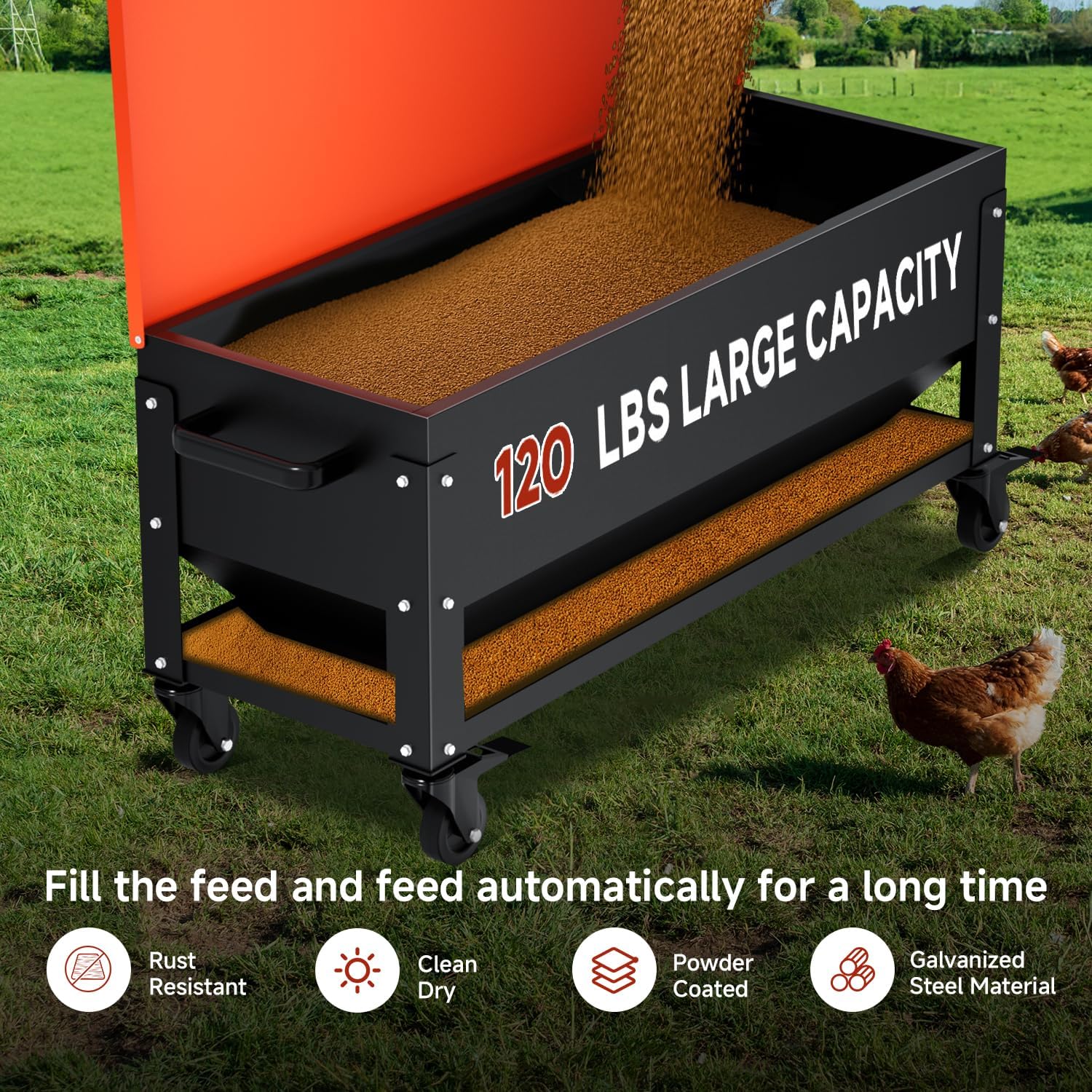 Heavy Duty Chicken Feeder 120 lbs Large Capacity, Metal Automatic Poultry Feeding Box with Waterproof Lid, Raised Standing Feeder with Wheels for Hens & Roosters, Portable & Easy to Move
