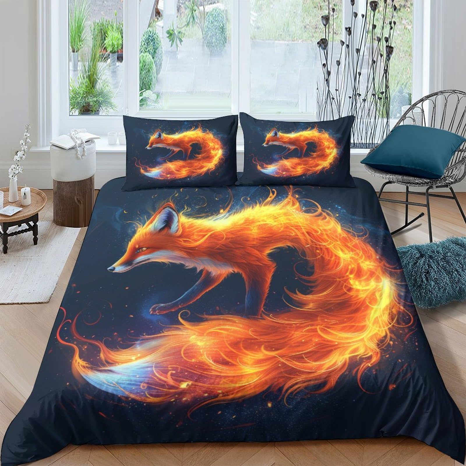 Housse de couette renard 3D en microfibre 220x240cm avec 2 taies d'oreillers pour lit King size