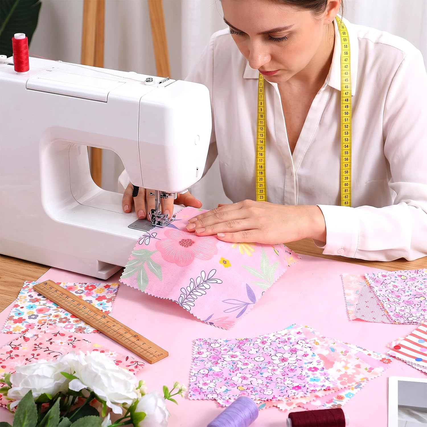42 Pcs Pink Charm Packs for Quilting 5 inch Pink Fabric Squares Floral Precut Cotton Fabric Squares Quilt for Sewing Home Décor Scrapbooking Patchwork DIY Crafts