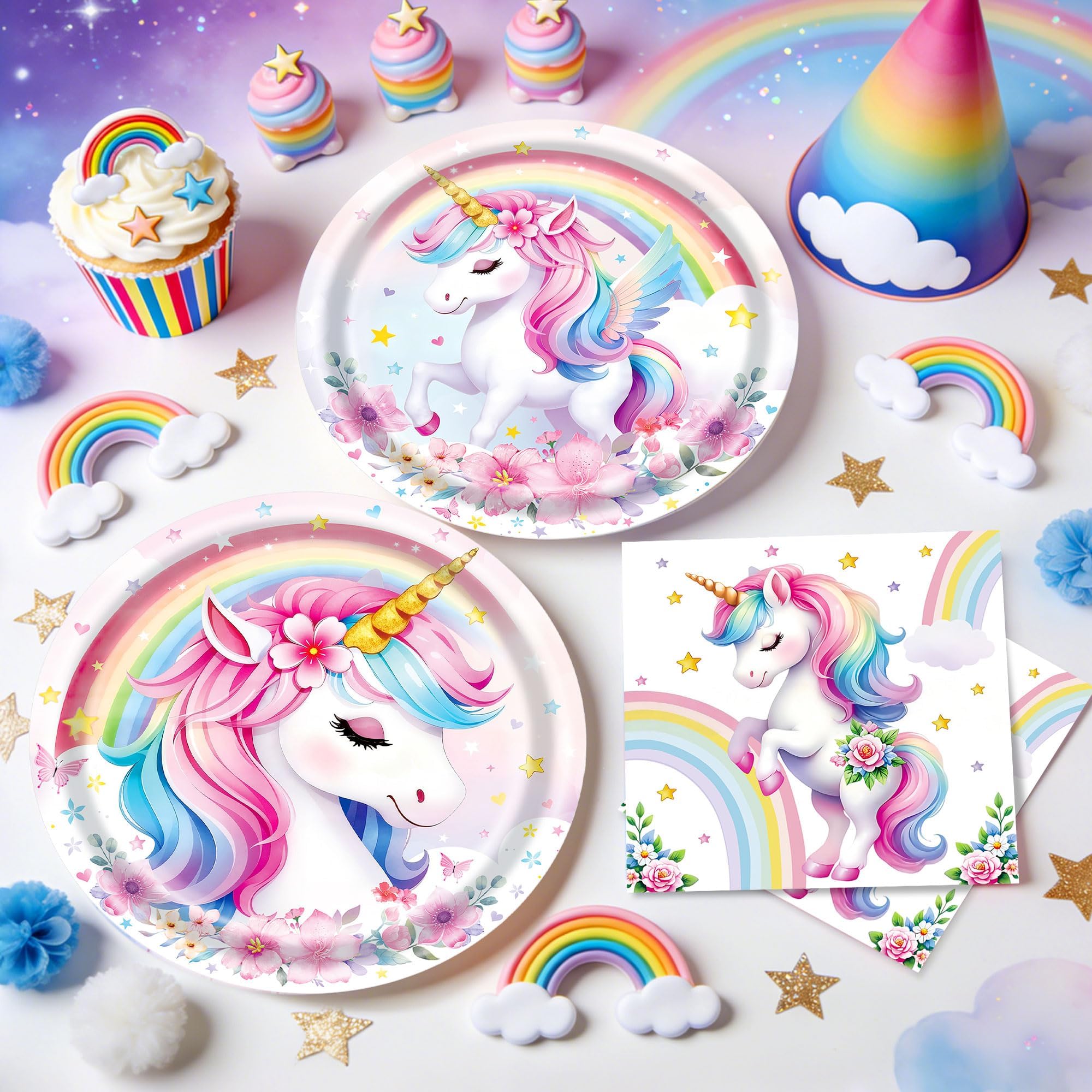 40PCS Unicorn Party Birthday Decoration Unicorn Paper Plates Napkins Birthday Banner Rainbow Party Supplies Serves 10 Guests