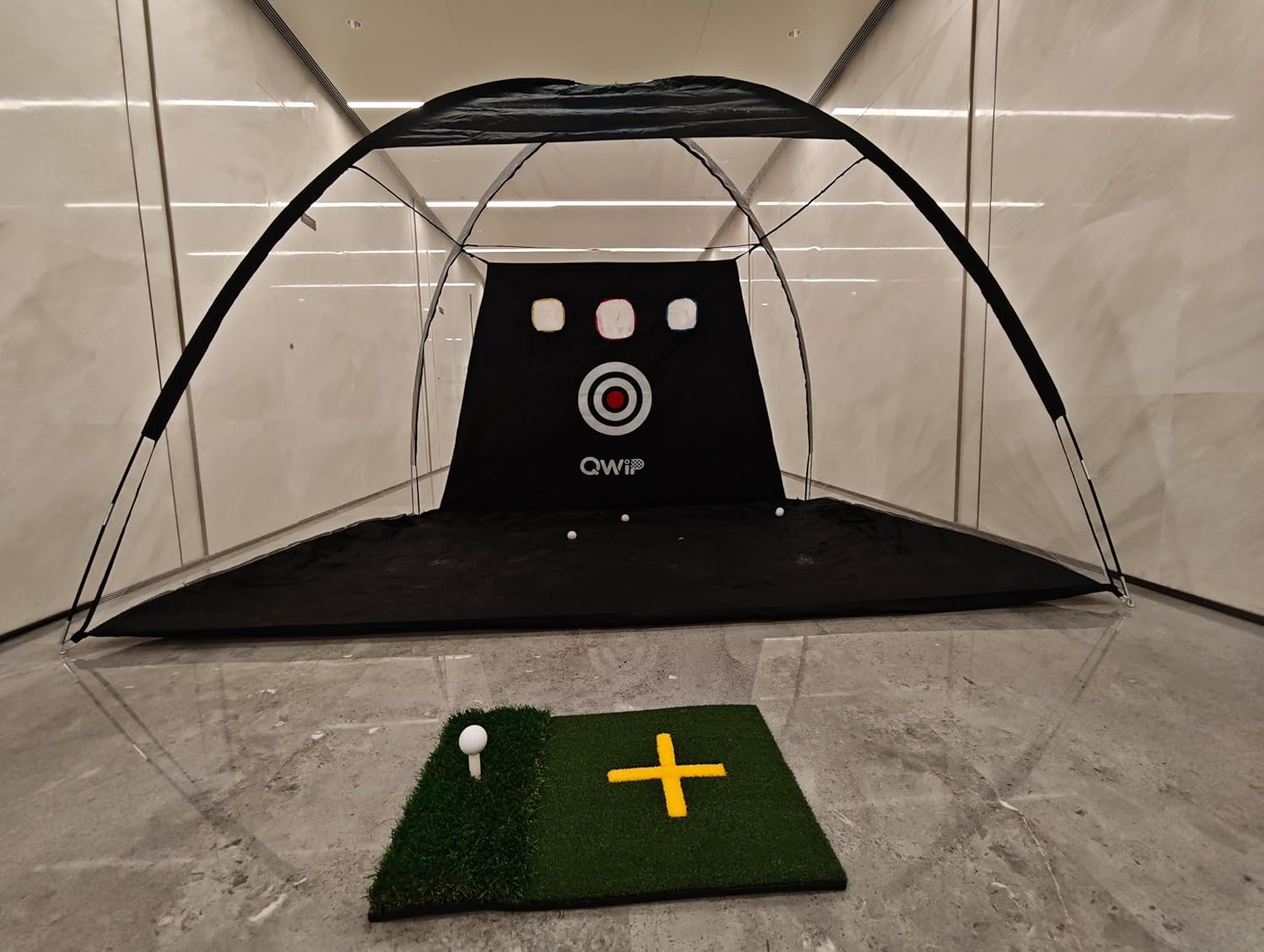 Qwip Golf Net with Mat for Indoor and Outdoor Golf Chipping, Swing, Pitching, and Hitting Training