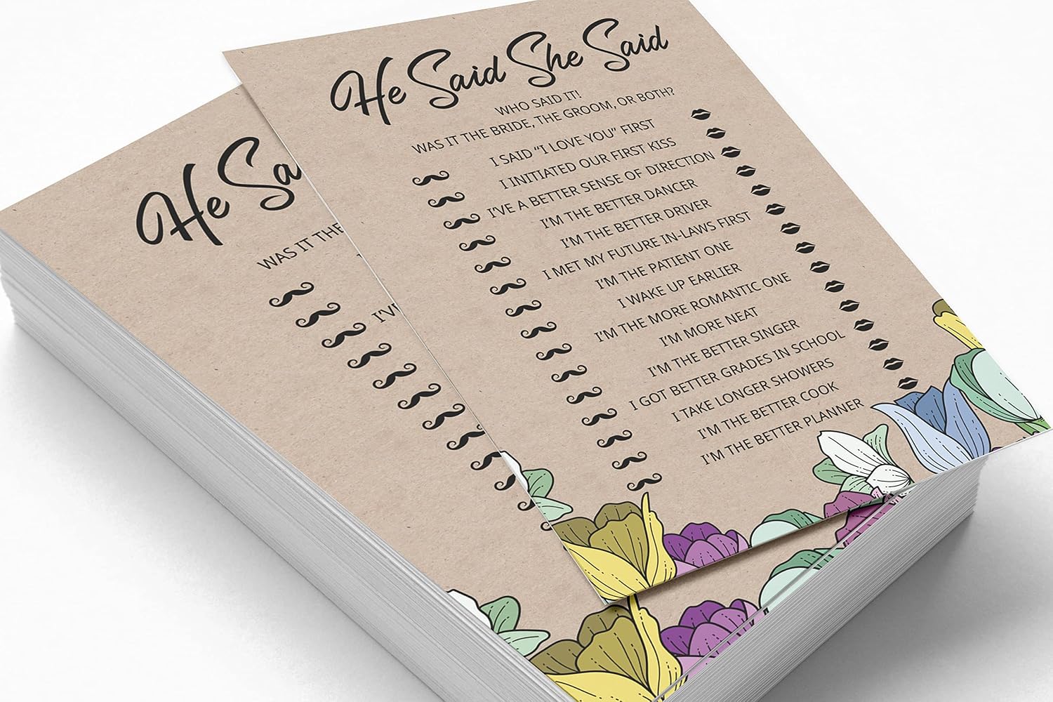 50-Pack He Said She Said Cards for Couples Rustic Kraft Floral Funny Rehearsal Dinner Who Said it Question Bridal Shower Engagement Party Game Ideas image 3