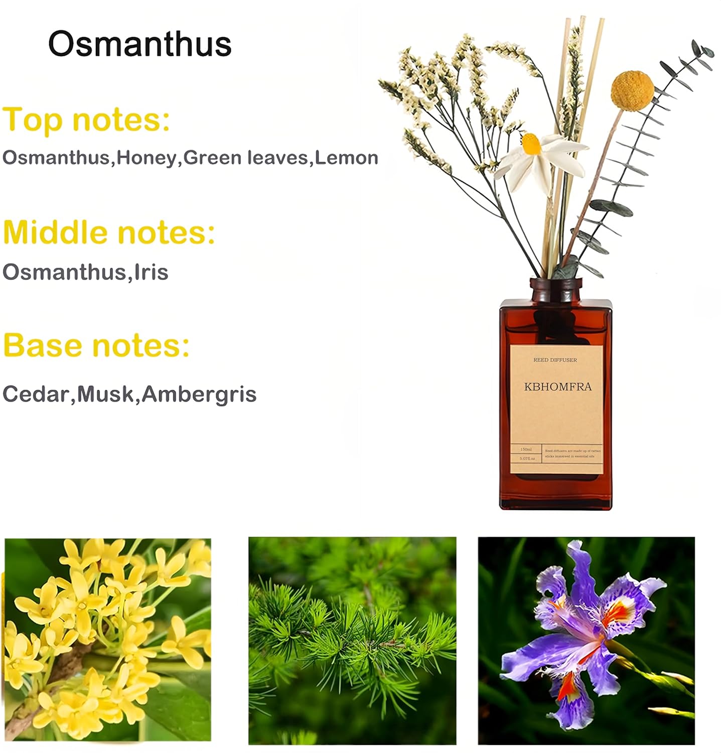 Reed Diffuser Set with Flower, 5.07oz Osmanthus Jasmine Diffuser Stick Scent of Fragrance Essential Oil,for Bathroom Diffuser Home Bedroom Office Décor - Image 4