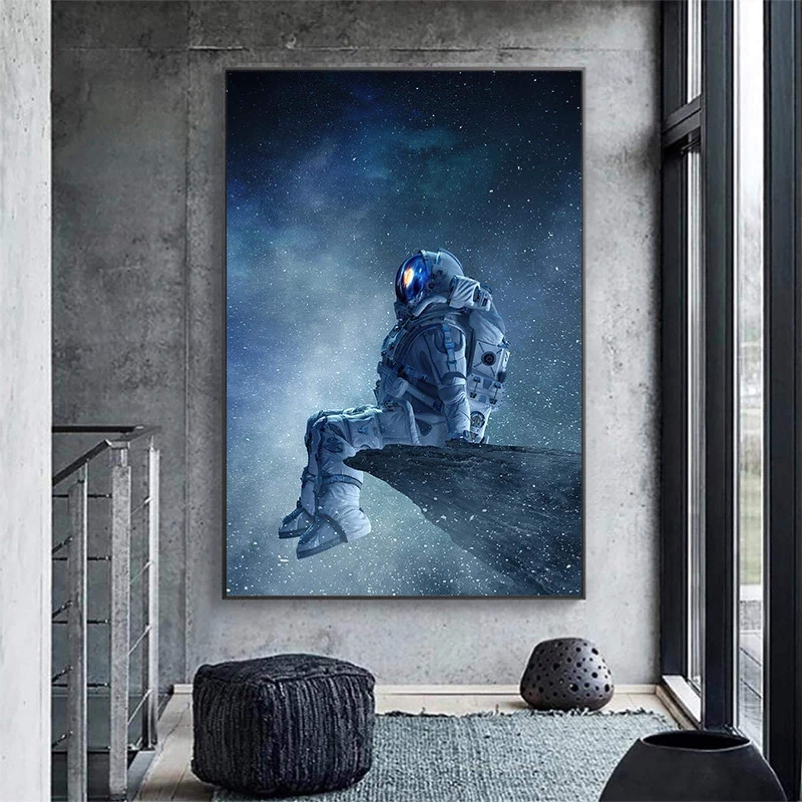 Arte moderno astronauta solitario sentado en el espacio pintura en lienzo carteles e impresiones cuadros de arte de pared para decoración de dormitorio 60x90cm (24x35in) marco blanco