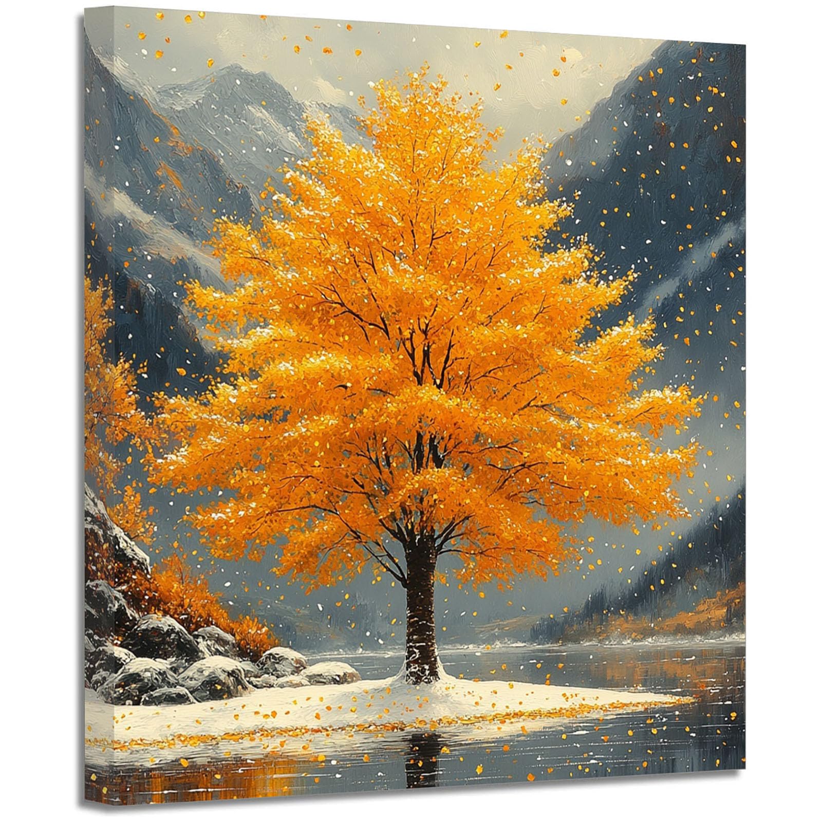 BOHUO Złote jesienne drzewo życia na lodzie śnieżnym obraz na płótnie, górskie jezioro scena do biura (Multi 85)-60x60 cm oprawiony