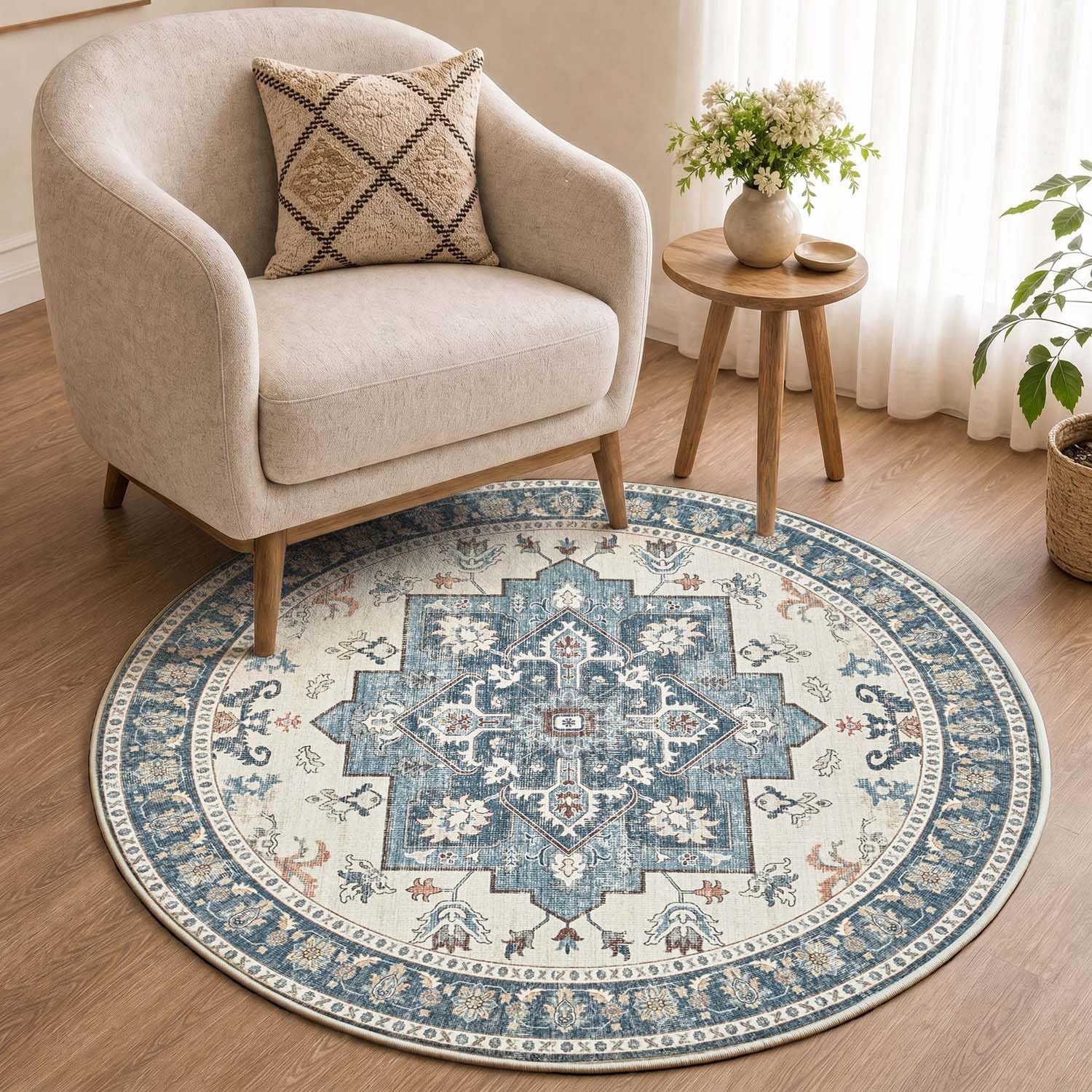 TOPICK Large Round Rugs for Living Room 120cm, Traditional Vintage Washable Circle Rugs for Bedroom, Non Slip Soft Short Pile Area Rug, Lightweight Stain Resistant Printed Rugs, Navy Blue