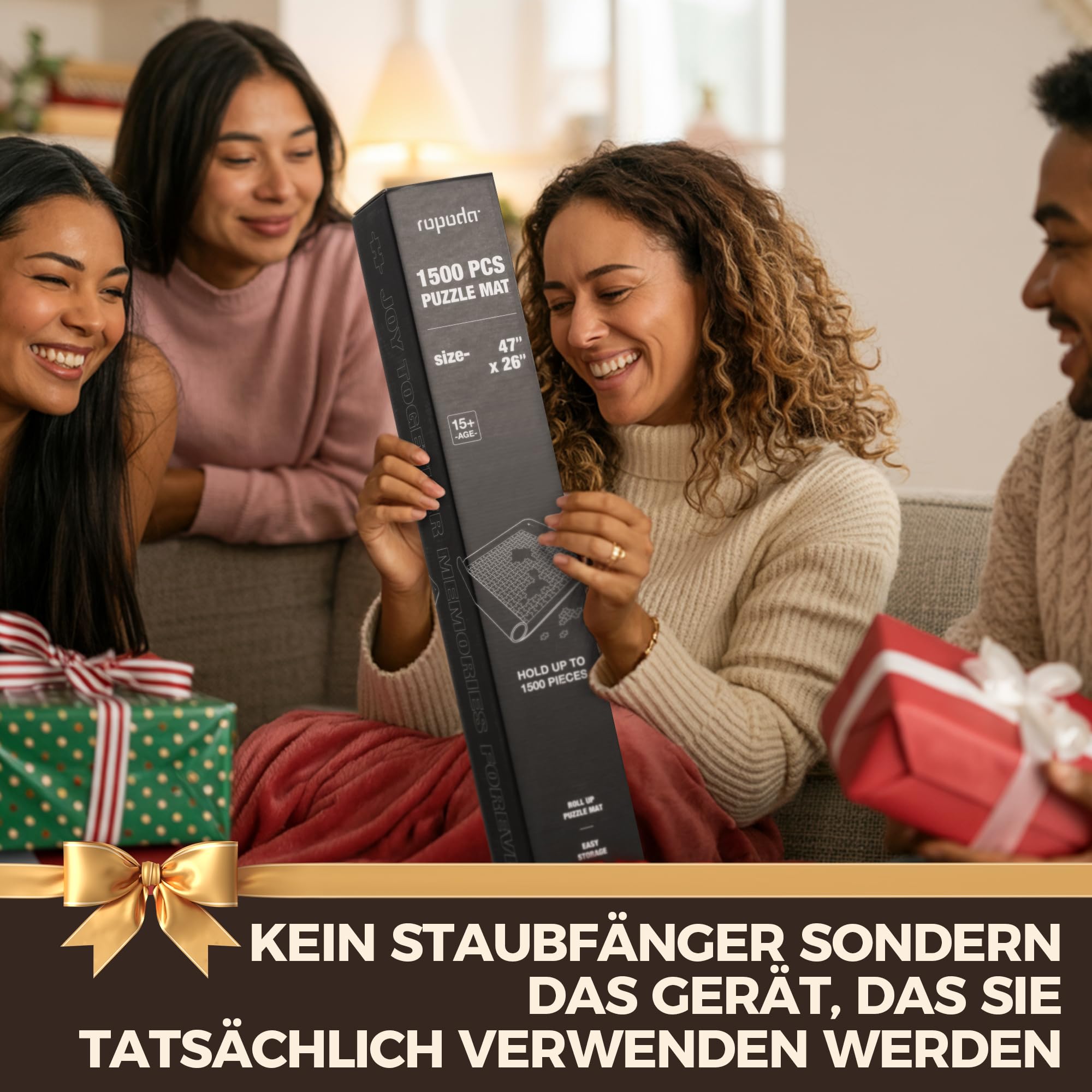ROPODA Puzzlematte, rutschfeste Puzzle Matte mit Sortierfächern, Puzzelmatten für Puzzle bis 1500, Tragbare Puzzle Matte Roll mit Aufbewahrungstasche, Puzzle-Sparer für Erwachsene und Kinder, Schwarz