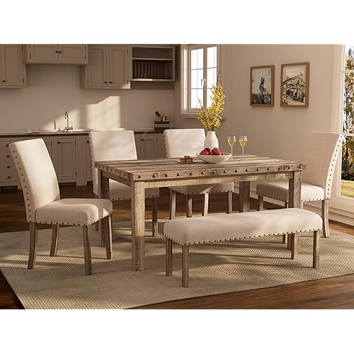 Dining Table Set for 6, 6 Piece Farmhouse Dining Set, Country Style Kitchen Table, 4 Upholstered Chairs & Bench