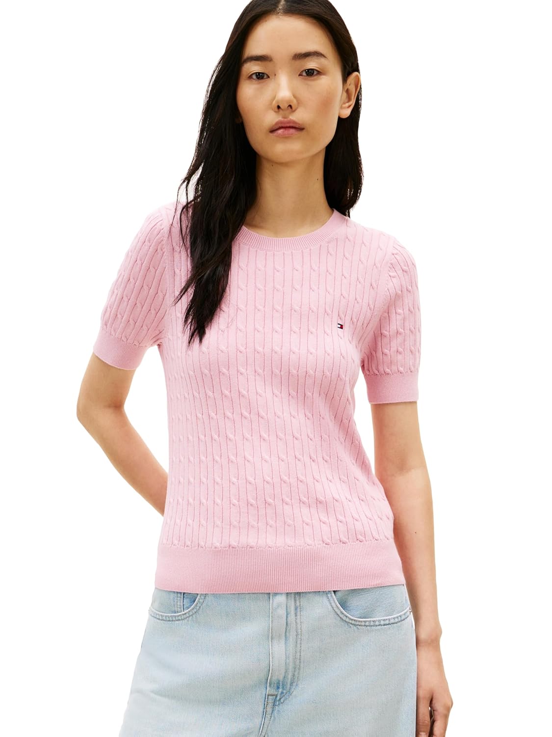 Tommy Hilfiger Women's Cable Knit Crew Neck Sweater Lightweight Pullovershort Sleeve Cable Knit