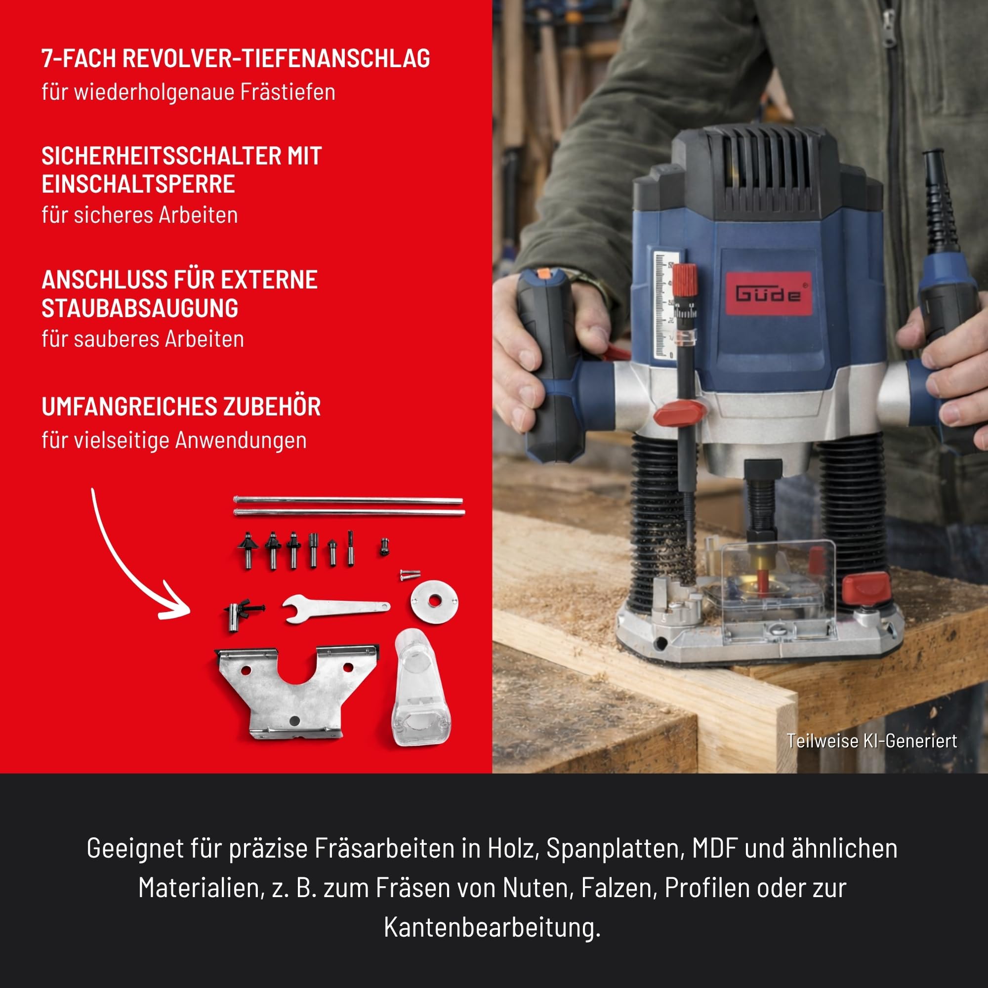 Güde 58117 Oberfräse OF 1200 E (1200 W, Hubhöhe: 55 mm, 7-fach einstellbarer Tiefenanschlag, Spannzangenaufnahme: 6 + 8 mm, 2-Säulen Führung, stufenlose Drehzahlregulierung, inkl. 6 Fräsaufsätze uvm.)
