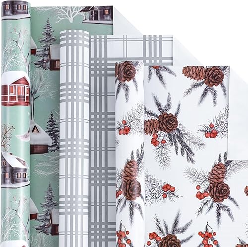 Miniatura 8 de LeZakaa Mini rollo de papel de regalo de Navidad, diseño de campana y árbolbastones de caramelocopos de nieve, color morado claro, para envolver