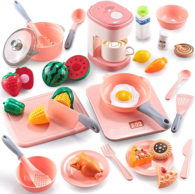 Cucina Giocattolo GILOBABY Per Bambini - Con Taglio Cibo, Pentole, Accessori, Rosso, Dai 3 Anni - Foto 2