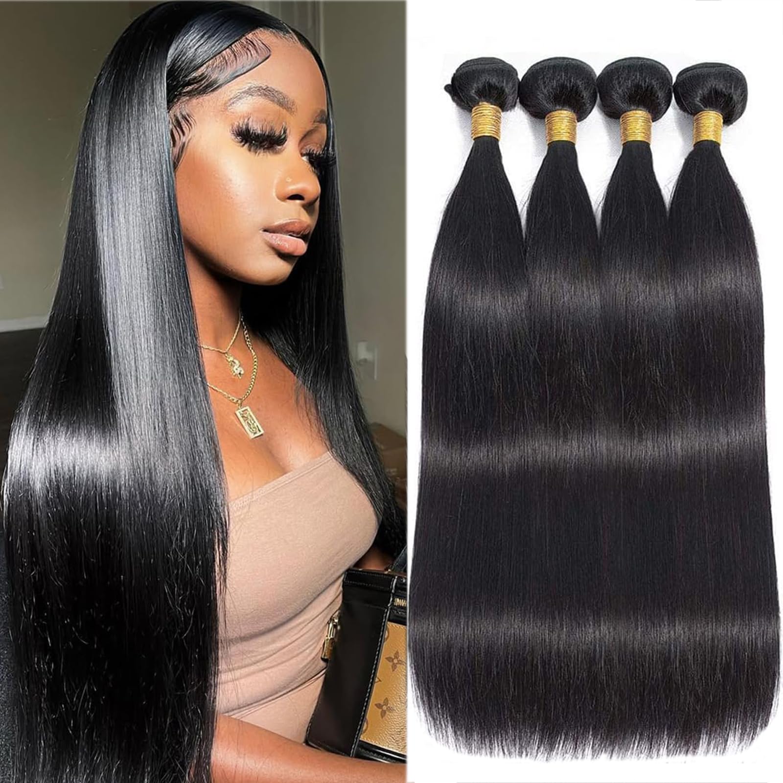 Human Hair Bundles Straight Bundles Human Hair Extensions 12 14 16 18 Inch 12A Brazilian Virgin 100% Unprocessed Raw Thick Straight Hair 4 Bundles