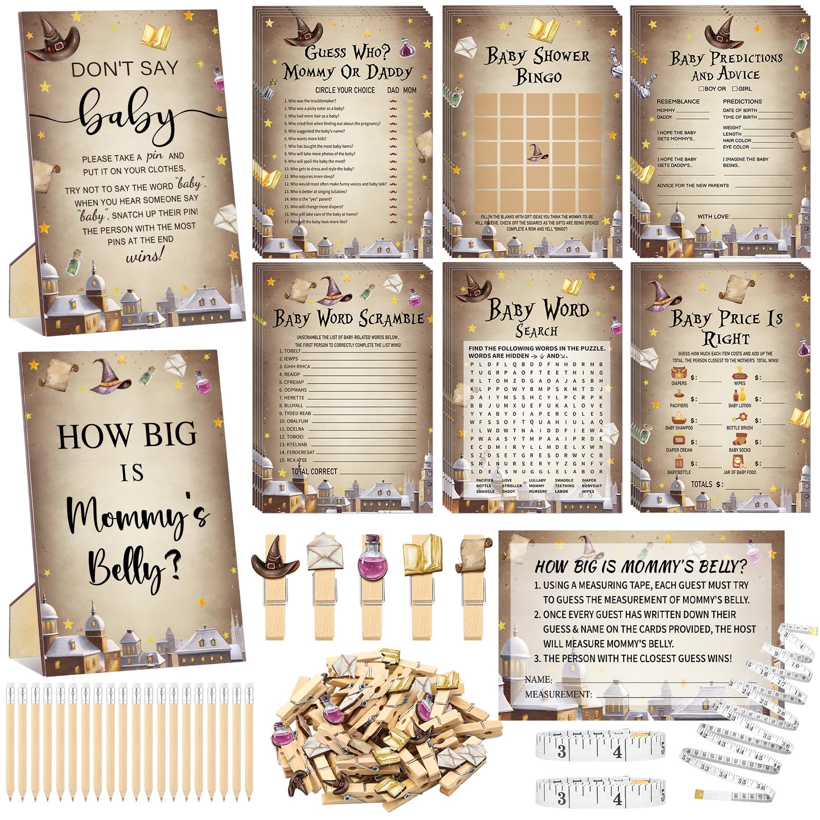 Photo 1 of Funnymoom 426 Pcs Magical Wizard Baby Shower Games Set-8 Games, Includes Baby Shower Bingo, Price, Guess Who, Word Scramble, Prediction and Advice, How Big is Mommy's Belly, Don't Say the Words
