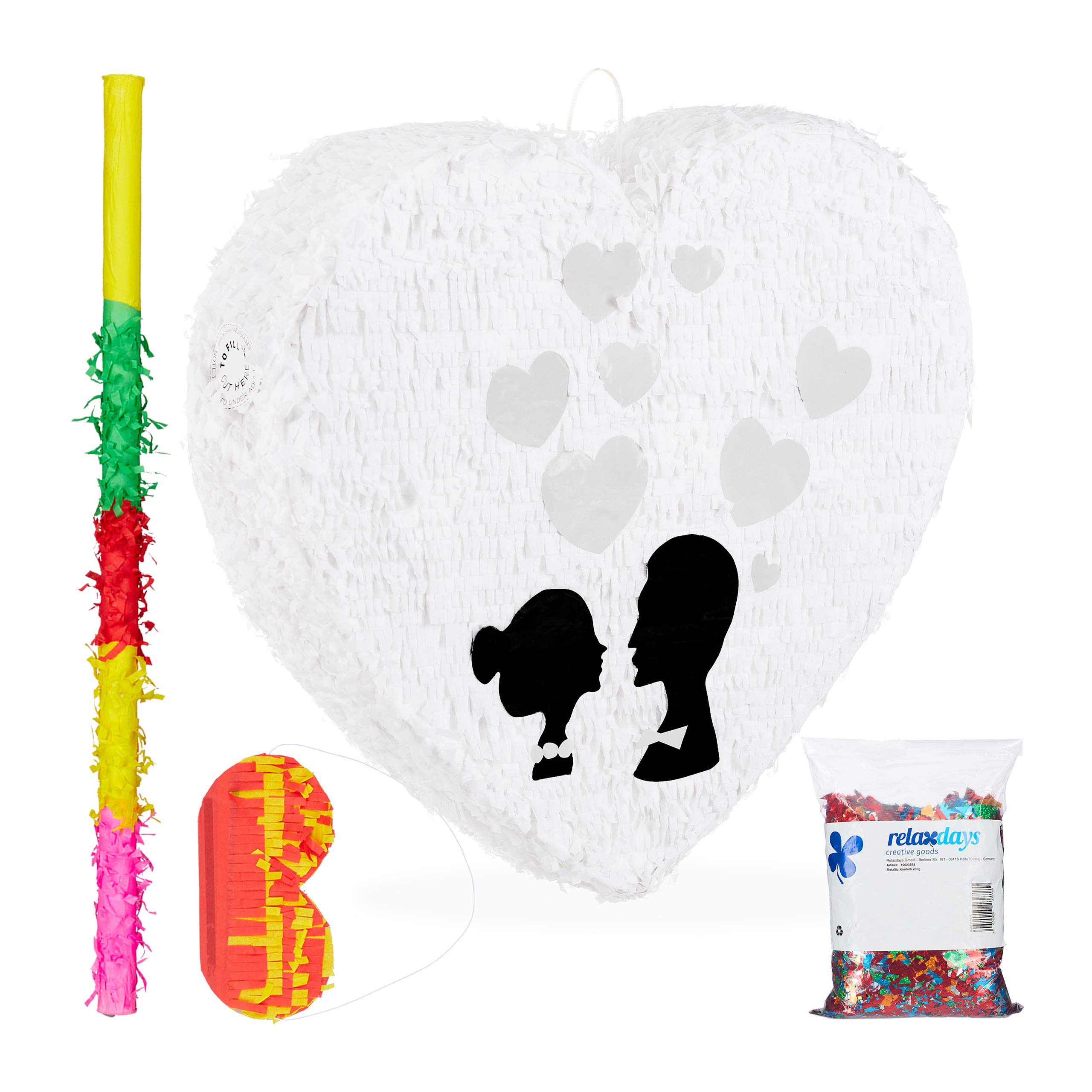 Relaxdays 4-częściowy zestaw pinata na wesele, XXL worek z konfetti 0,28 kg, pałeczka do pinata z opaską na oczy, pinata w kształcie serca, kij do pinata i maska, kolorowy