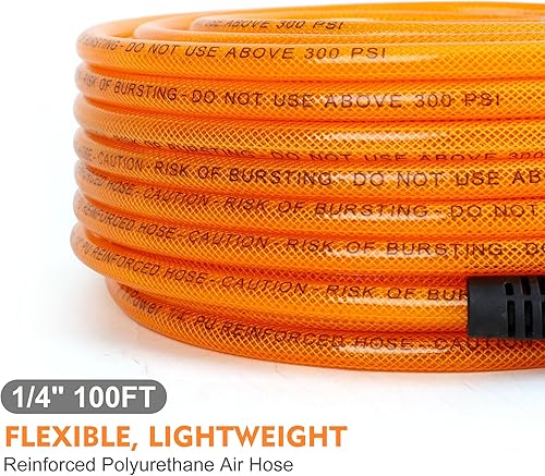 Miniatura 2 de Manguera de compresor de aire de 14 pulgadas x 100 pies, manguera de aire de poliuretano reforzado (PU) Flexeel con accesorios, restrictores de