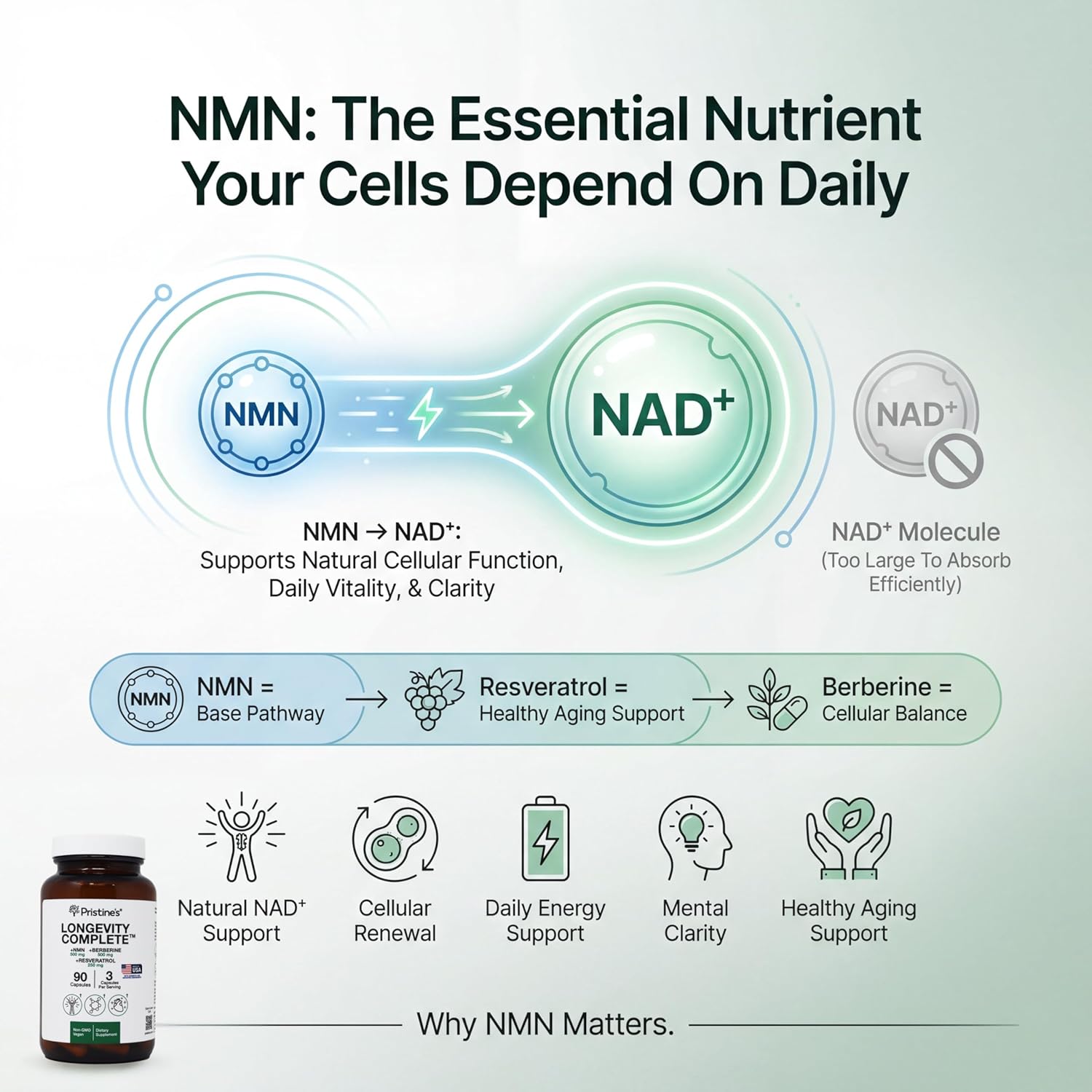 PRISTINE'S Longevity Complete Anti Aging NMN Complex - Advanced Cellular Support - NMN 500mg, Berberine 500mg, Resveratrol 250mg, Healthy Aging, Autophagy & NAD+ Support - Image 3
