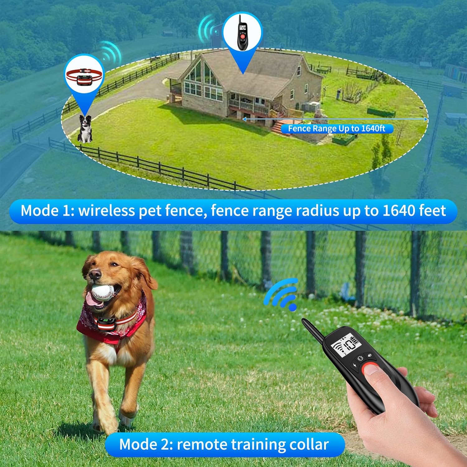 VIVIDVISTA Wireless Dog Fence for 2 Dogs - Adjustable up to 1640ft Electric Fence, 185 Days Standby Time Training Collar, Pet Containment System with 3 Training Modes, Flash Light and Waterproof