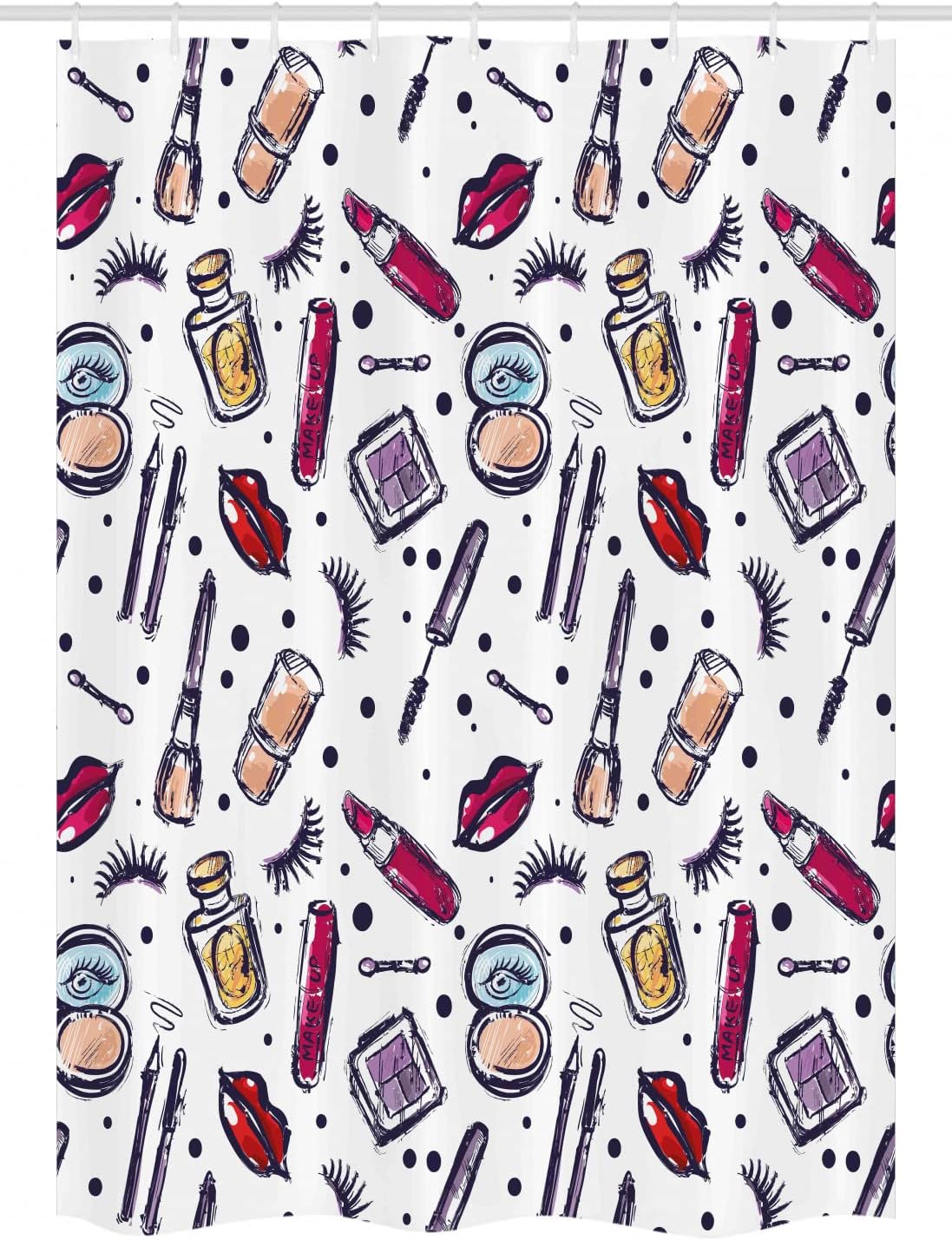 Ambesonne Fashion Stall Shower Curtain, Beauty Femininity Theme Hand Drawn Makeup Items and Cosmetics Colorful Pattern, Fabric Bathroom Decor Set with Hooks, 54" W x 78" L, Magenta Red Tan