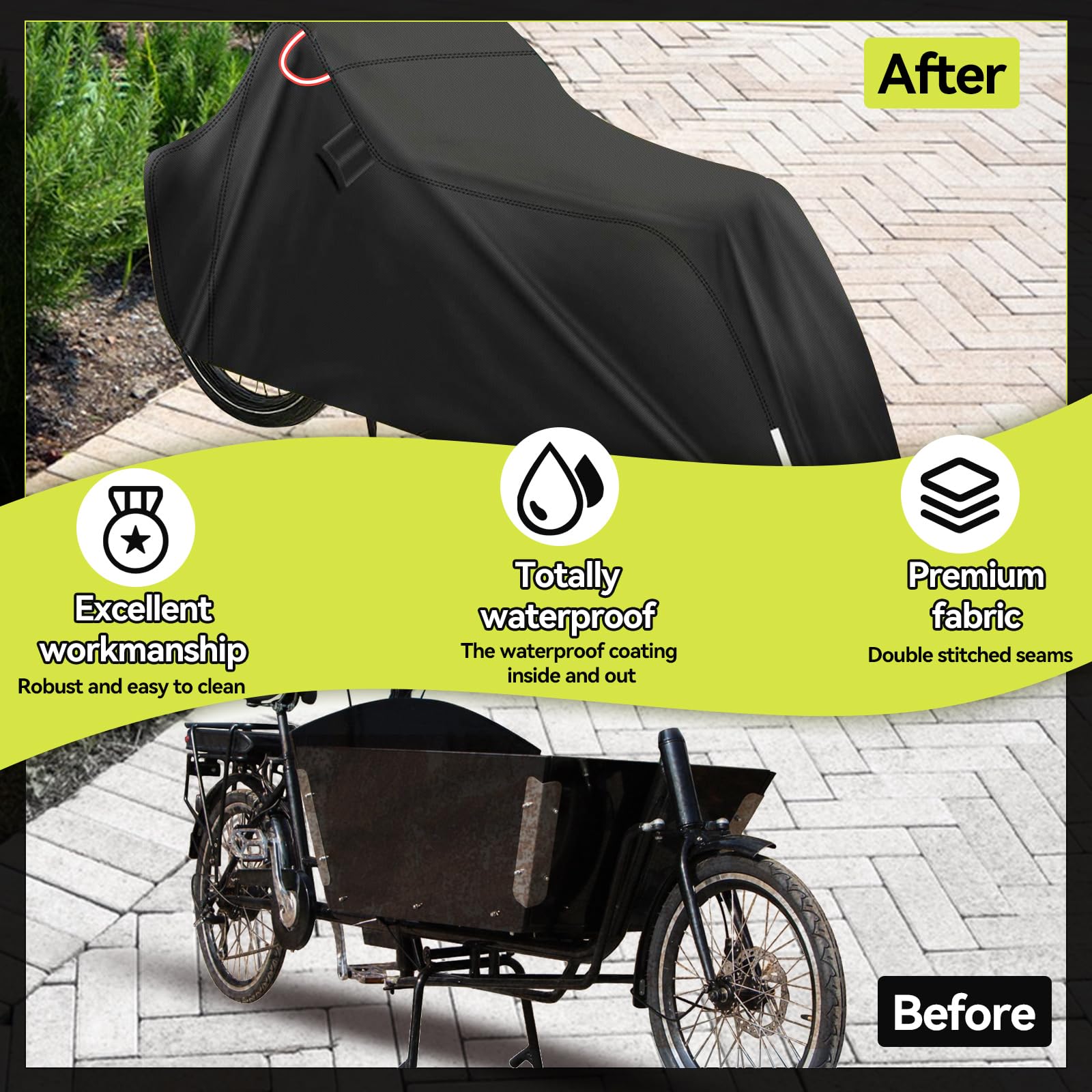 Lastenfahrrad Abdeckung Wasserdicht 420D Oxford-Gewebe Fahrradabdeckung UV-Schutz mit Aufbewahrungsbeutel, Fahrradgarage für Abdeckplane Fahrradschutzhülle Cargo Bike Einspurig 285 x 65 x 115cm