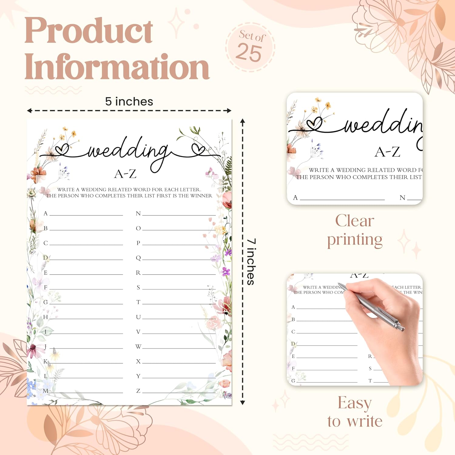 Wildflowers Bridal Shower Games, Wedding A-Z Game Cards, 5x7 Inches, Floral Wedding Shower or Bachelorette Party Supplies – A03 image 2