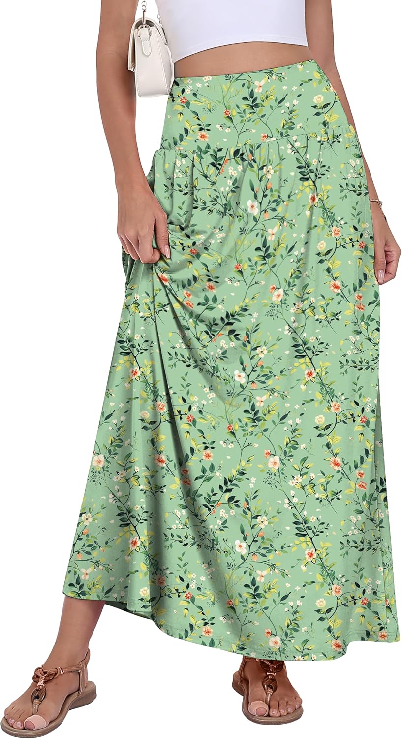 QUEZHU Women's Maxi Long Skirts 2026 Casual A-line Elastic High Waist Flowy Skirt with Pockets