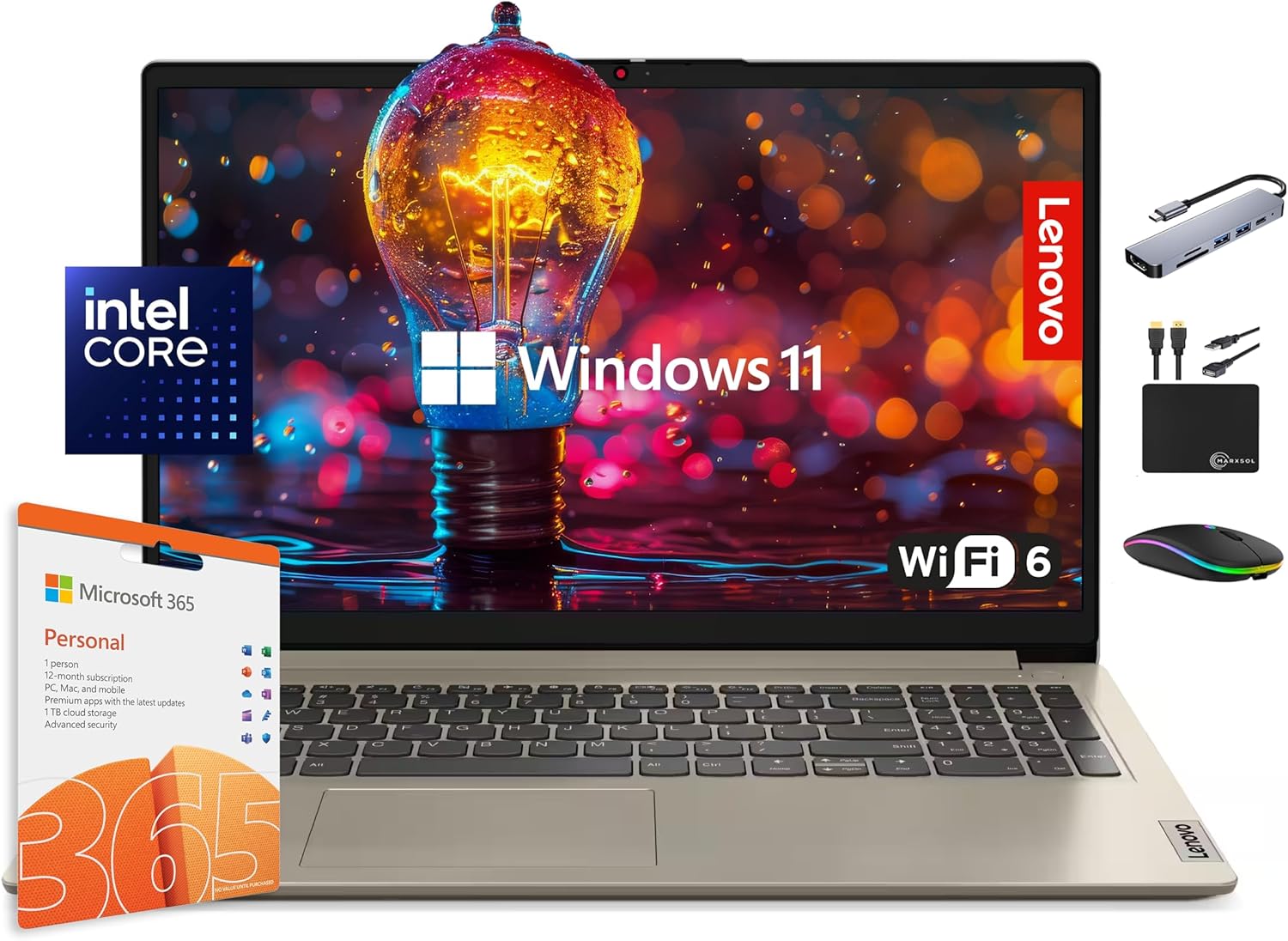 Lenovo IdeaPad Laptop Computer 2025, 15.6" Display, 12GB RAM, 1.1TB Storage (500GB SSD + 128GB eMMC + 500GB Ext), Intel Dual Core Processor, Long Battery, MarxsolAccessory, 1 Year Office 365, Win 11