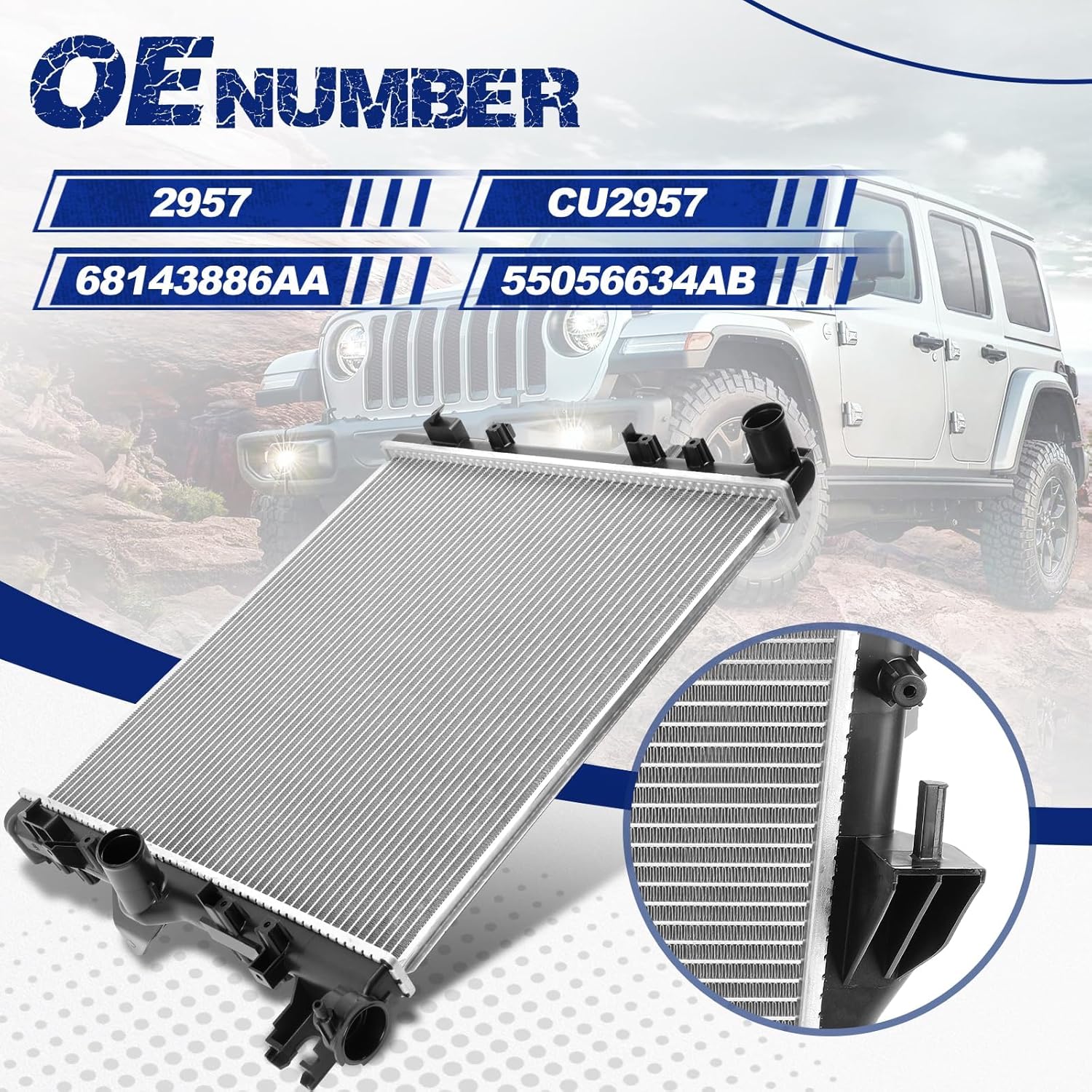 Engine Coolant Radiator, Fit for Jeep Wrangler 2007-2017, Wrangler JK 2018, 3.6L 3.8L, OE 2957, CU2957, 68143886AA