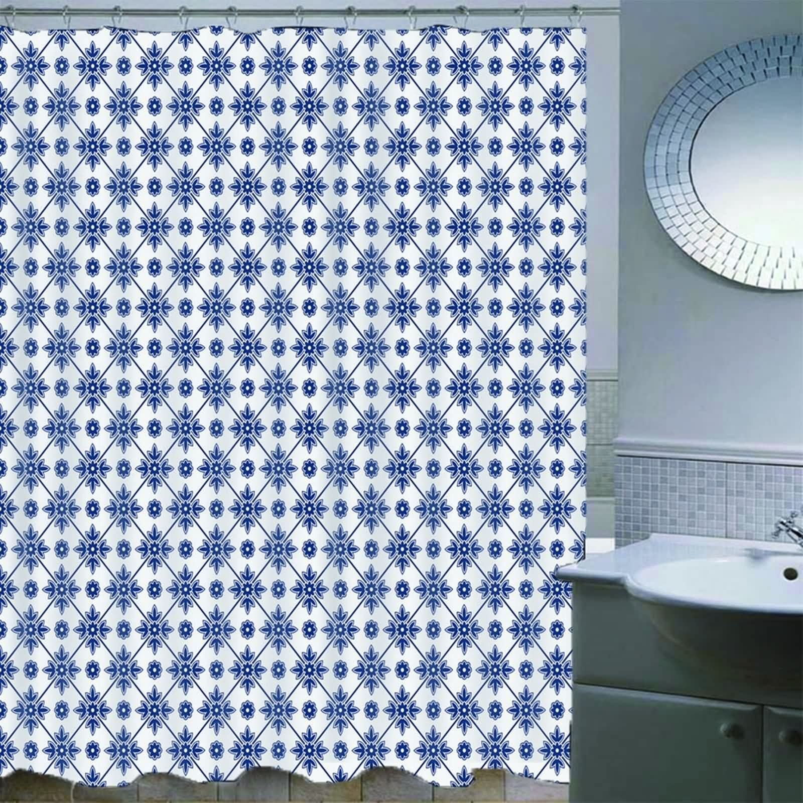 Duschrollo für Badewanne, Neasow Duschvorhang Gitter Blumenmuster Blau Weiss 180X200cm für Badezimmer