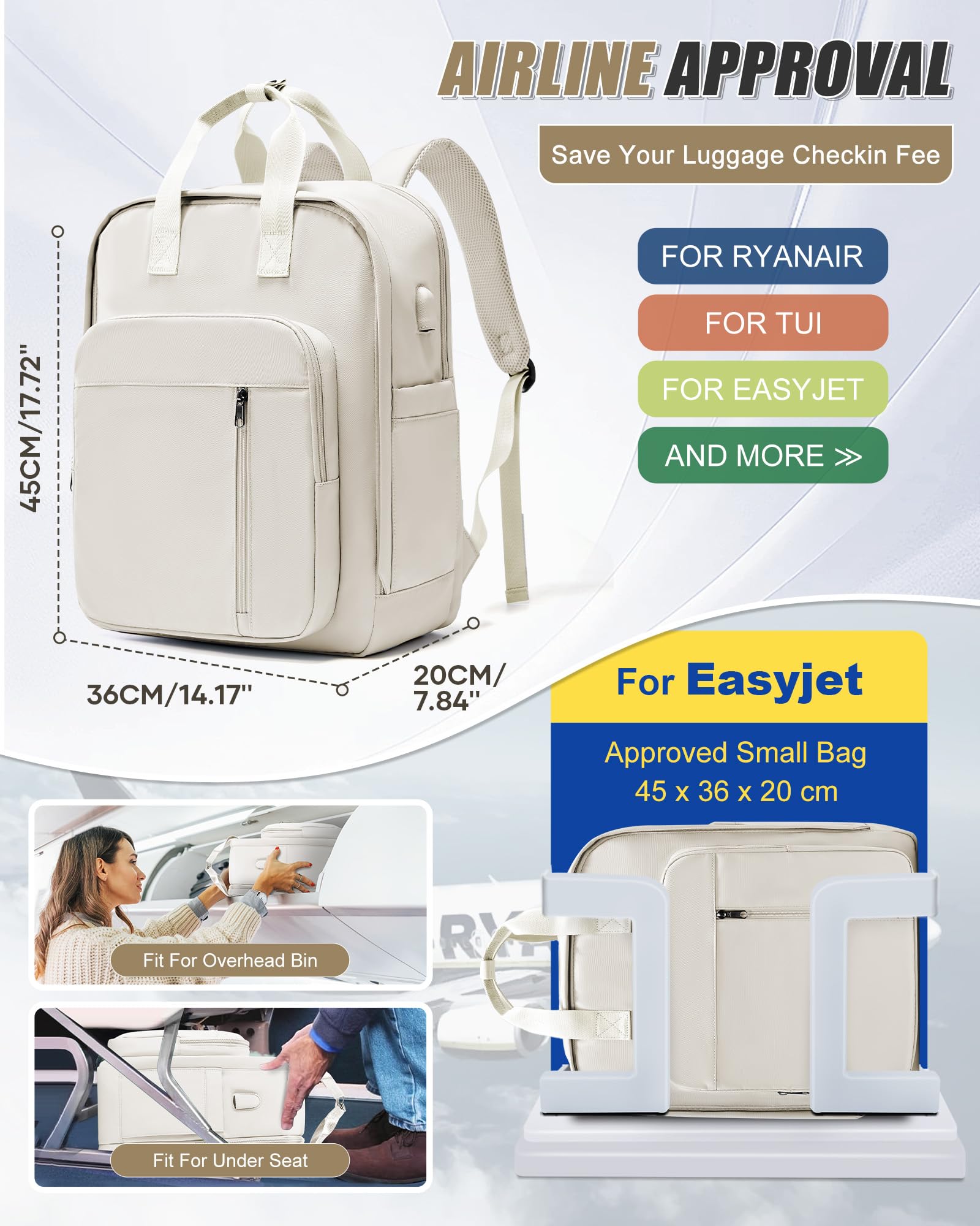 SZLX Zaino Ryanair 40x30x20 Sottovuoto Zaino da Viaggio 40x20x25 Bagaglio a Mano 40x30x20 Wizzair Donna Uomo Borsa da Cabina per Easyjet 45x36x20 Adatto a Laptop da 14 Pollici Impermeabile per Lavoro