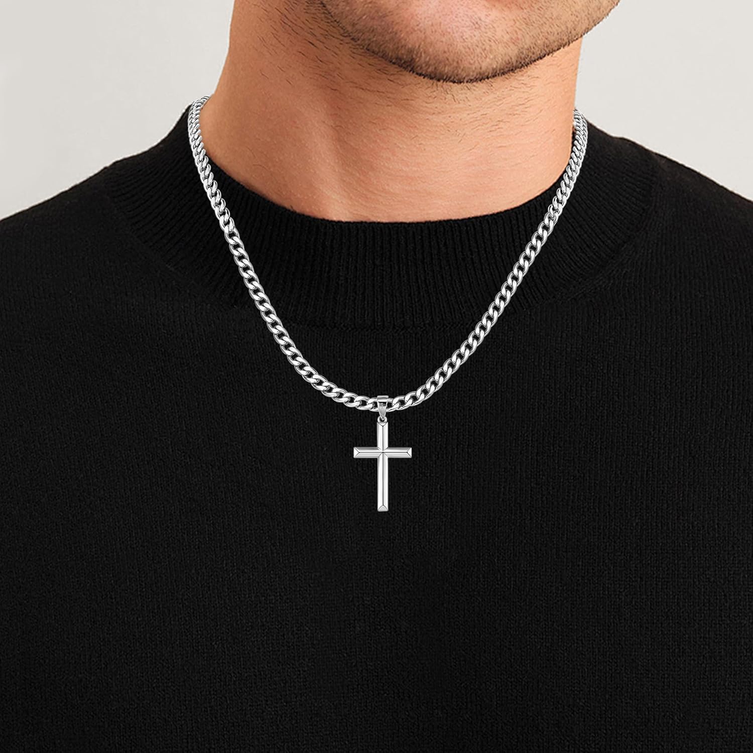 925 Sterling Silver Cross Necklace for Men Women 5mm Stainless Steel Diamond Cut Durable Cuban Link Curb Chain 18K White Gold Plated Beveled Edge Crucifix Pendant Necklace Jewelry 18-30 Inches - Image 6