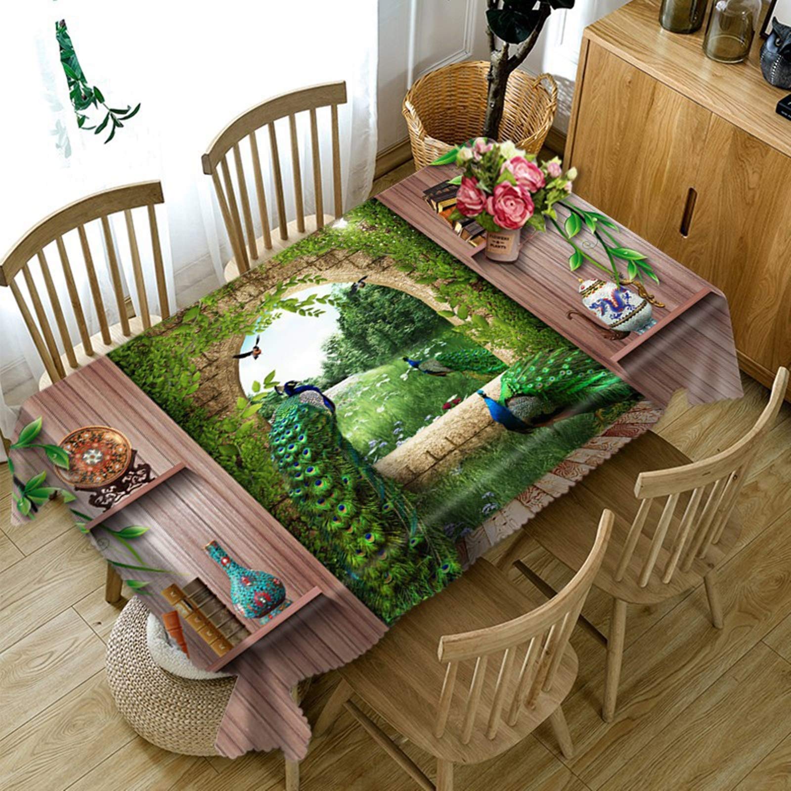 Green/Brown Polyester Tablecloths For Rectangle Table Outdoor Picnic Table Cloth Waterproof Peacock Dining Room Tablecloth 140X180cm